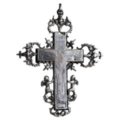 Early Antique Engraved Silver Crucifix, Reliquary Cross Box Pendant 17th Century