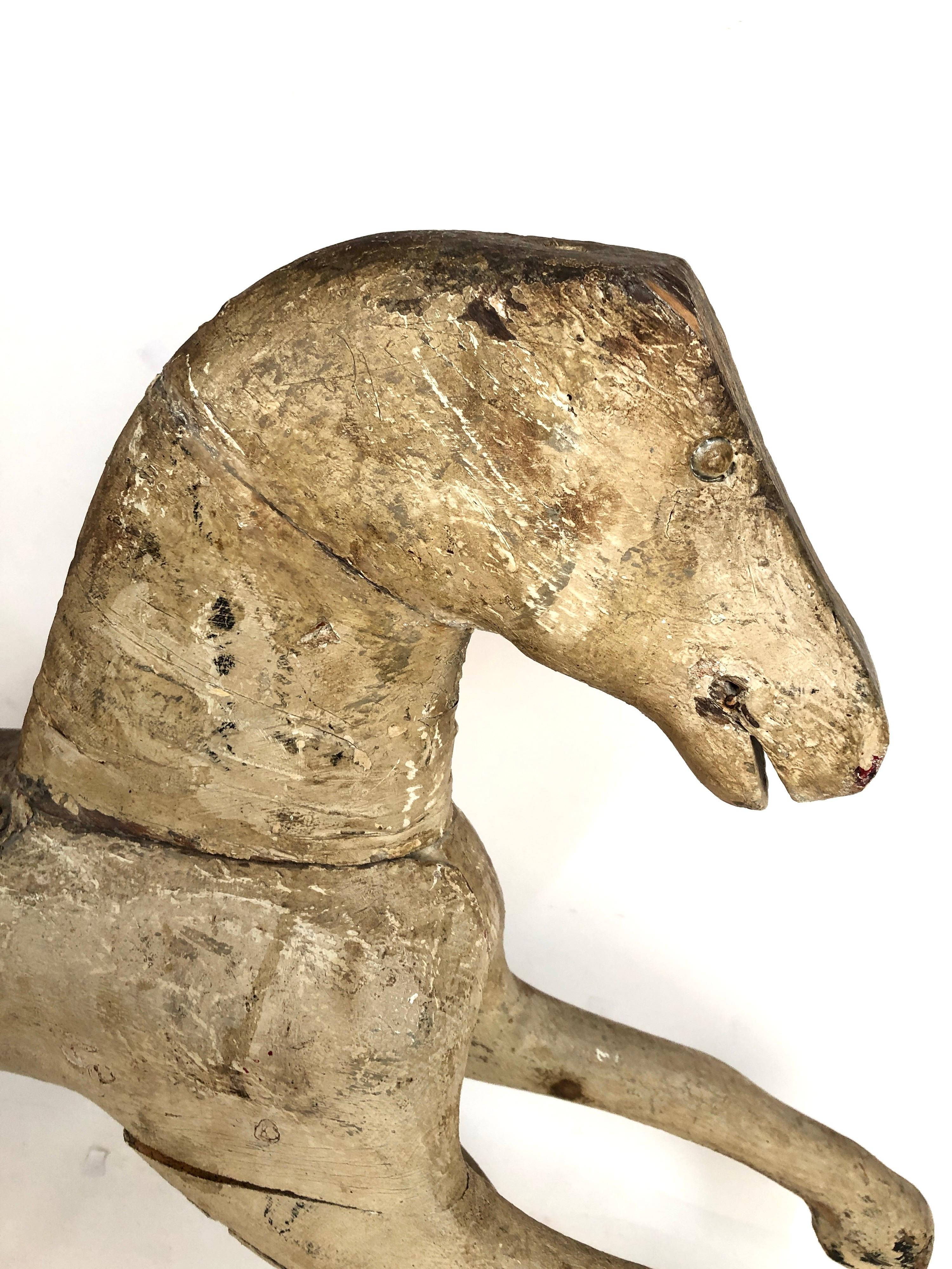 Early Antique Folk Art Wood Rocking Horse In Good Condition In Stamford, CT