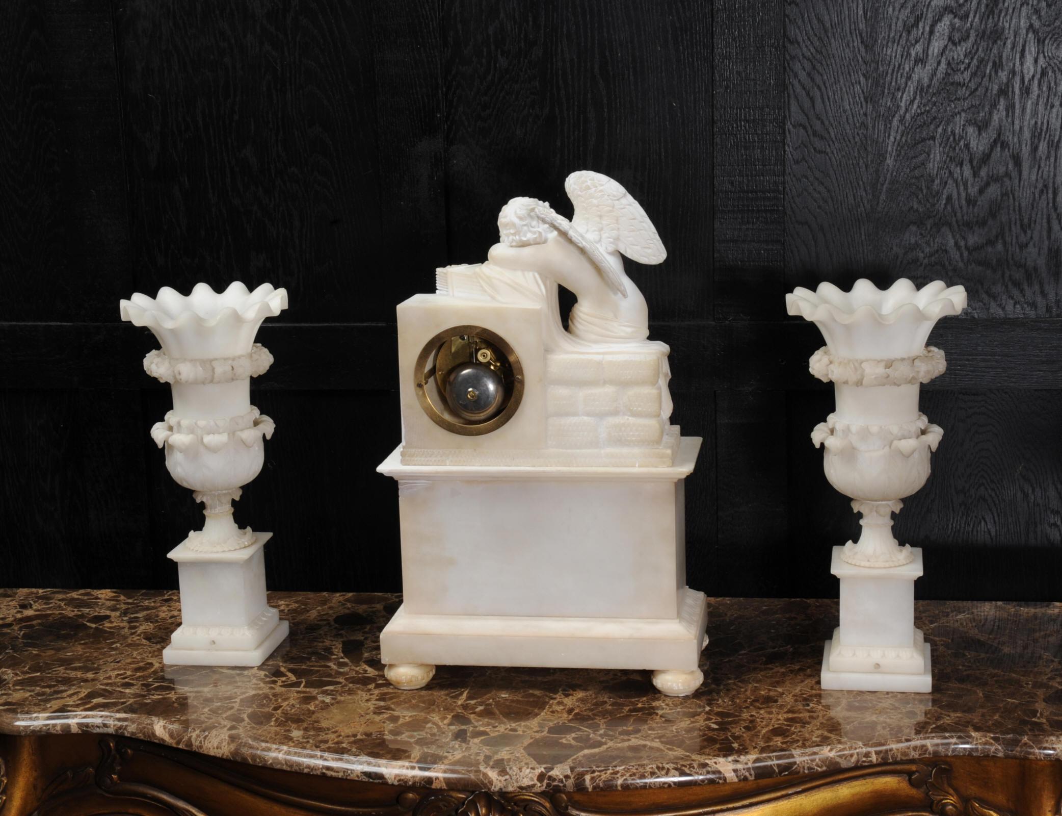 Early Antique French Alabaster Clock Set, Cupid L’Amour Menaçant after Falconet For Sale 3