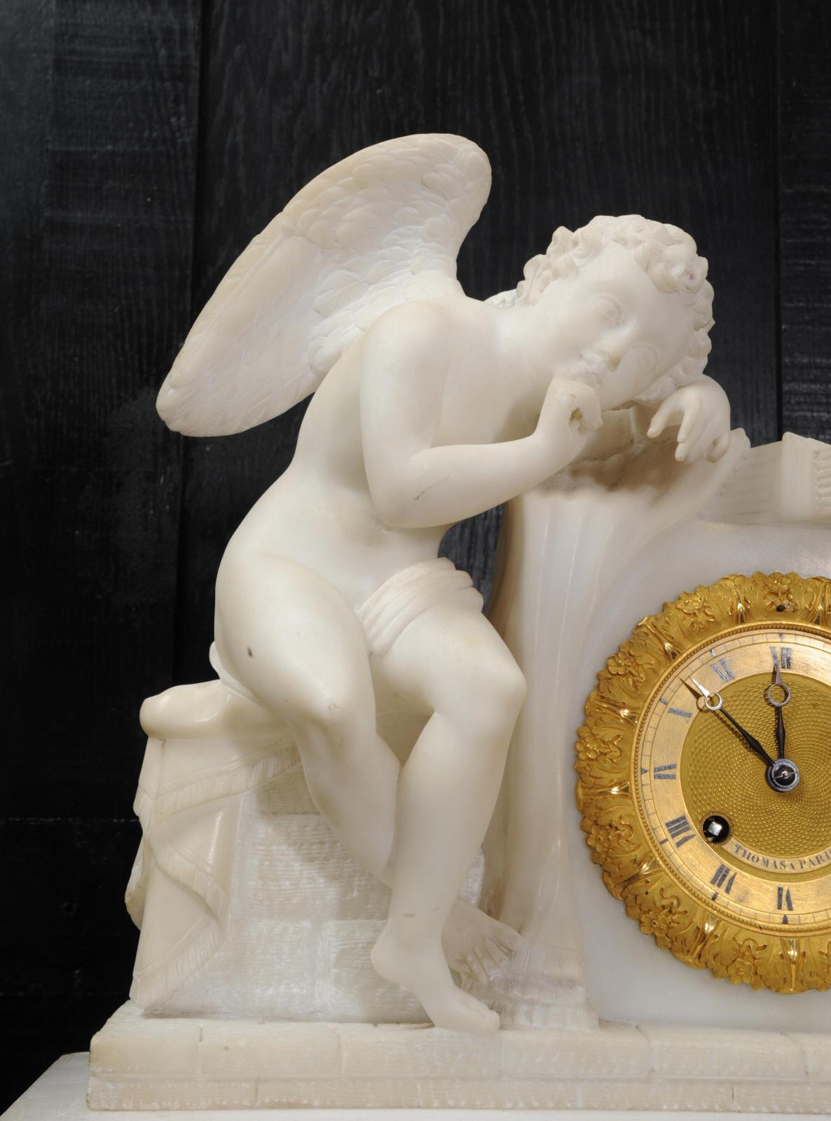 Early Antique French Alabaster Clock Set, Cupid L’Amour Menaçant after Falconet For Sale 5