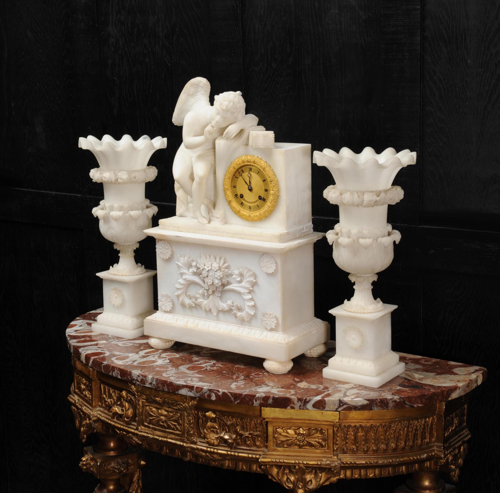 Early Antique French Alabaster Clock Set, Cupid L’Amour Menaçant after Falconet For Sale 9