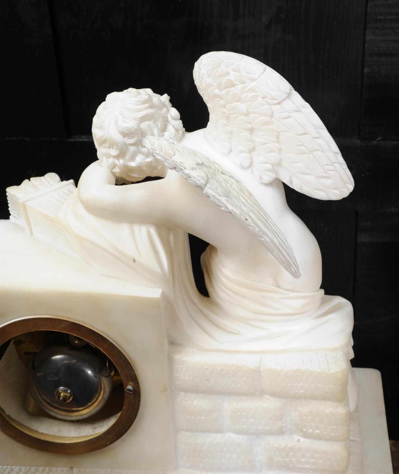 Early Antique French Alabaster Clock Set, Cupid L’Amour Menaçant after Falconet For Sale 10