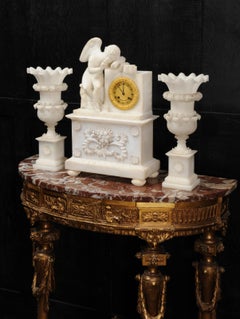 Early Antique French Alabaster Clock Set, Cupid L’Amour Menaçant after Falconet