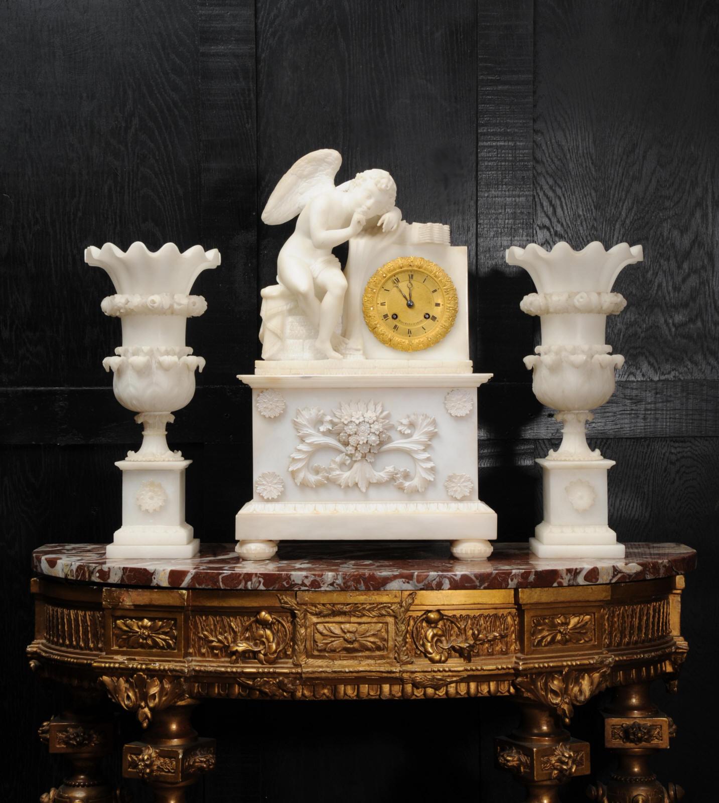 Early Antique French Alabaster Clock Set, Cupid L’Amour Menaçant after Falconet For Sale 1