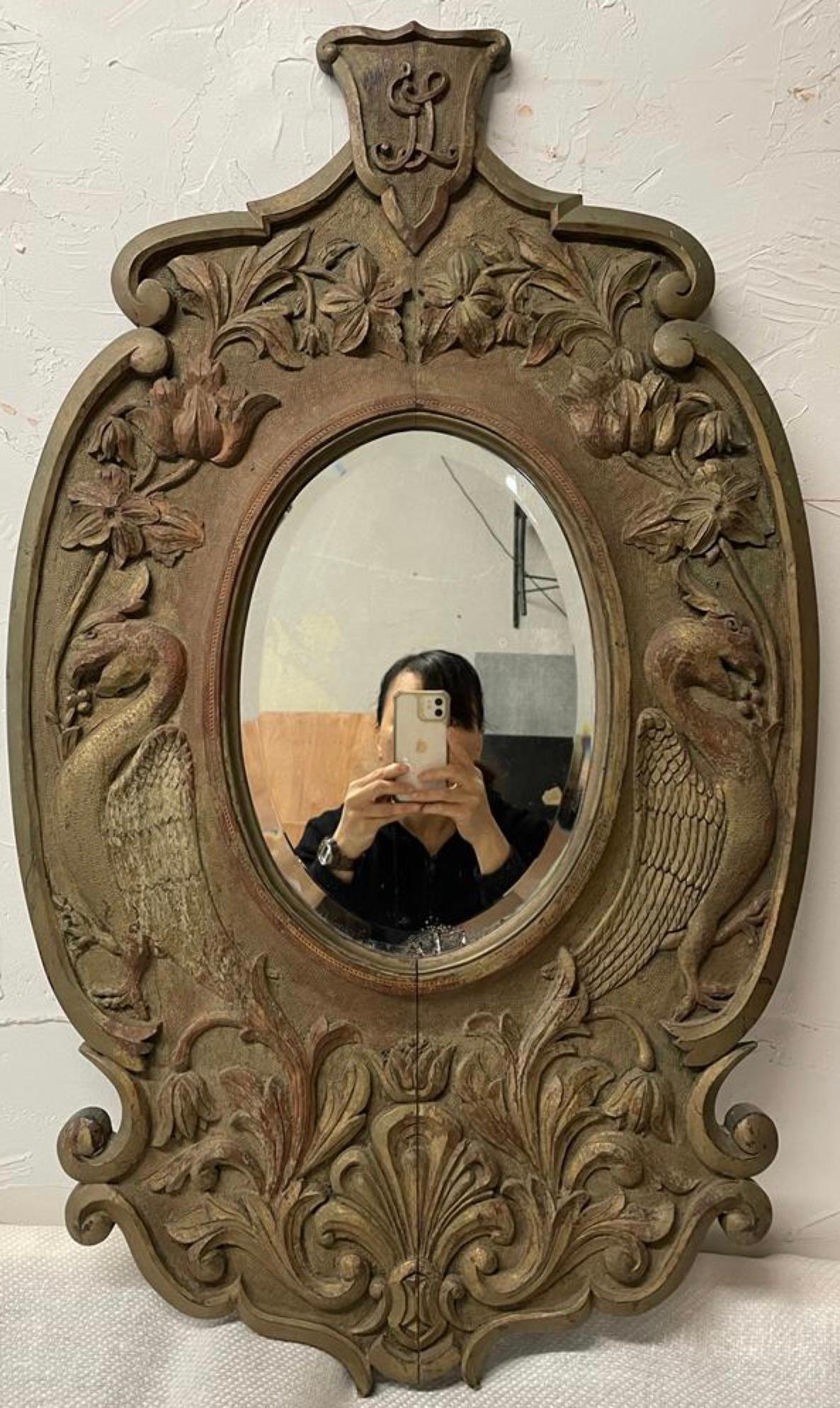 18th Century and Earlier Early Antique French Carved Oval Mirror For Sale