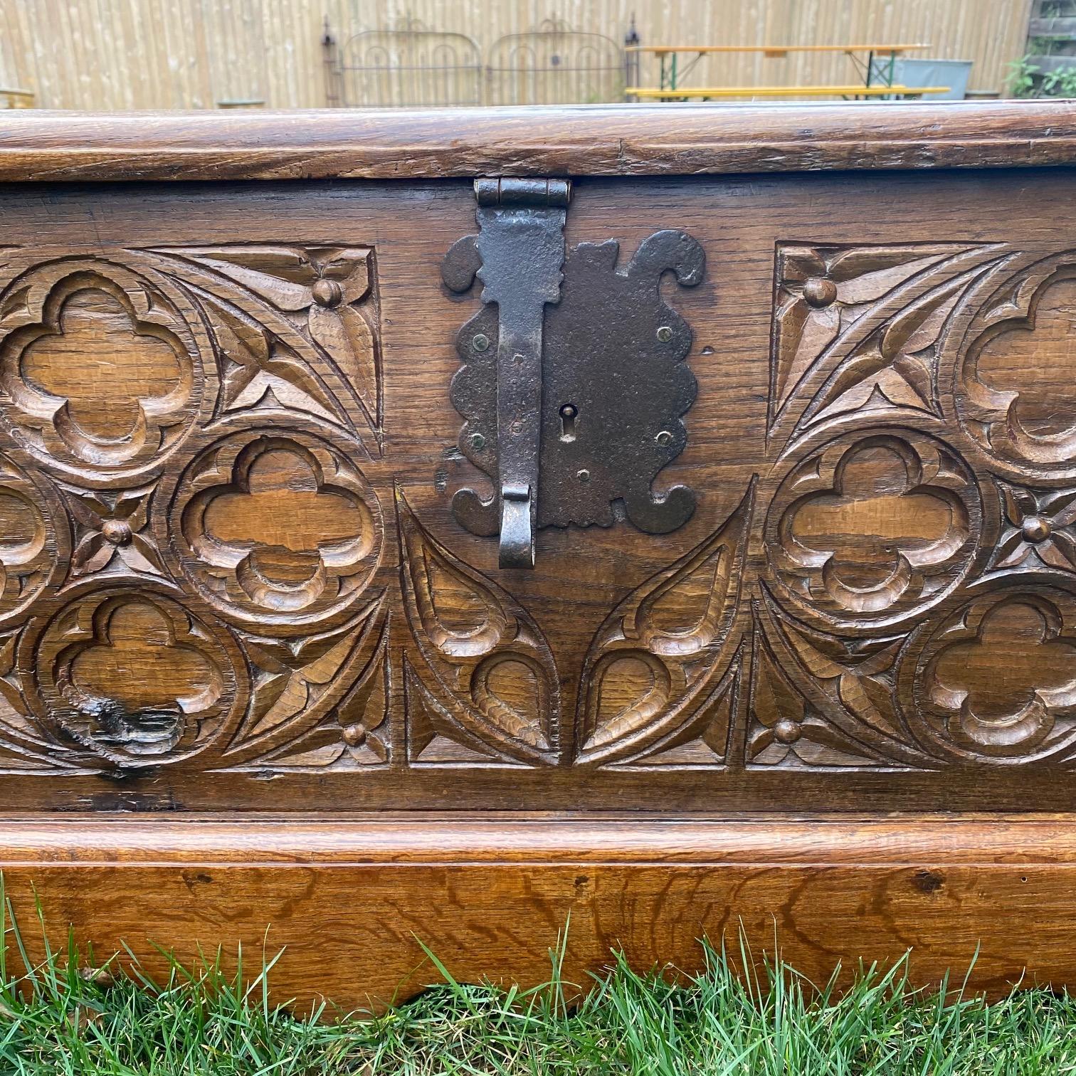 Jacobean Early Antique French Hand Carved Coffer, Linen Chest or Trunk