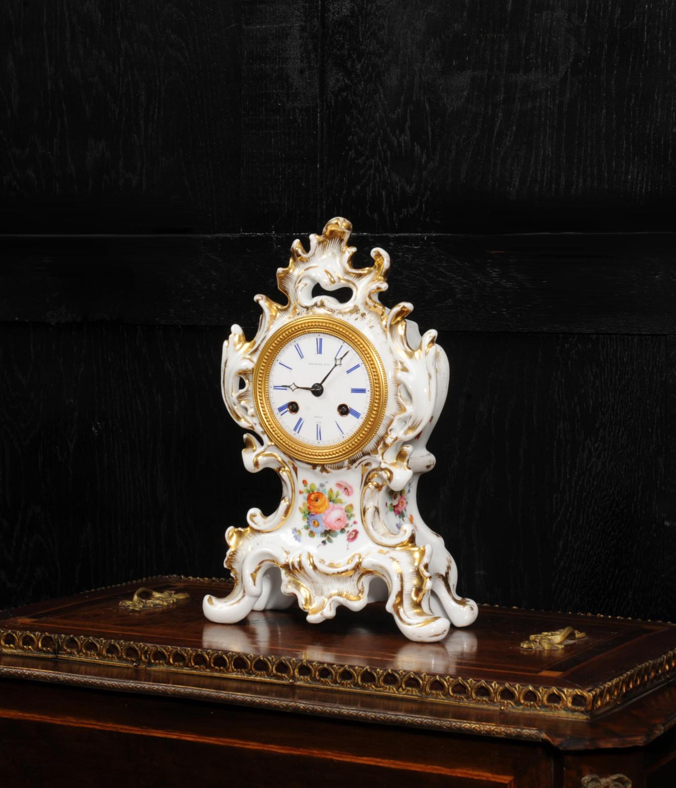 Hand-Painted Early Antique French Rococo Porcelain Boudoir Clock For Sale