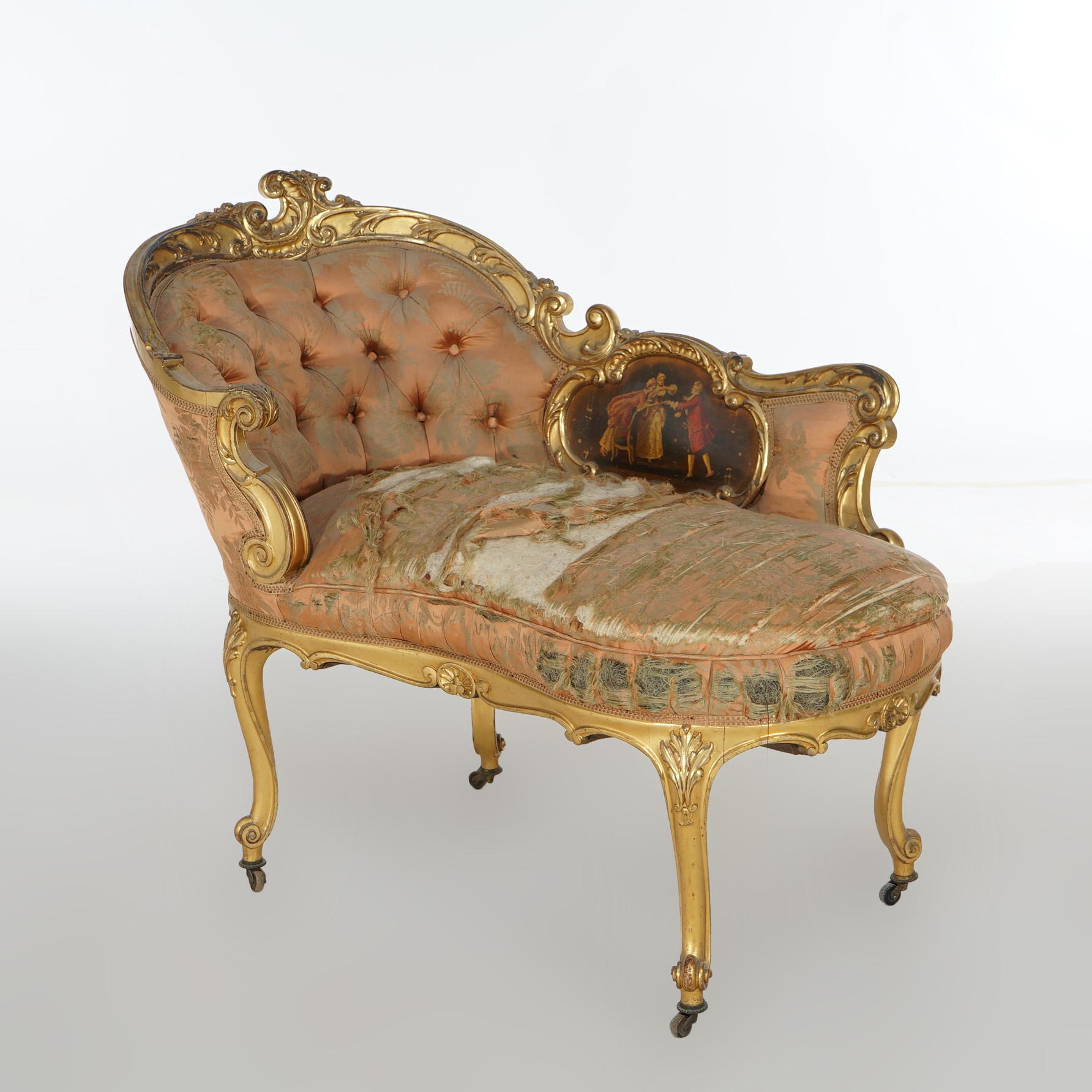Early Antique French Rococo Vernis Martin & Giltwood Half-Recamier Settee 19th C For Sale 9