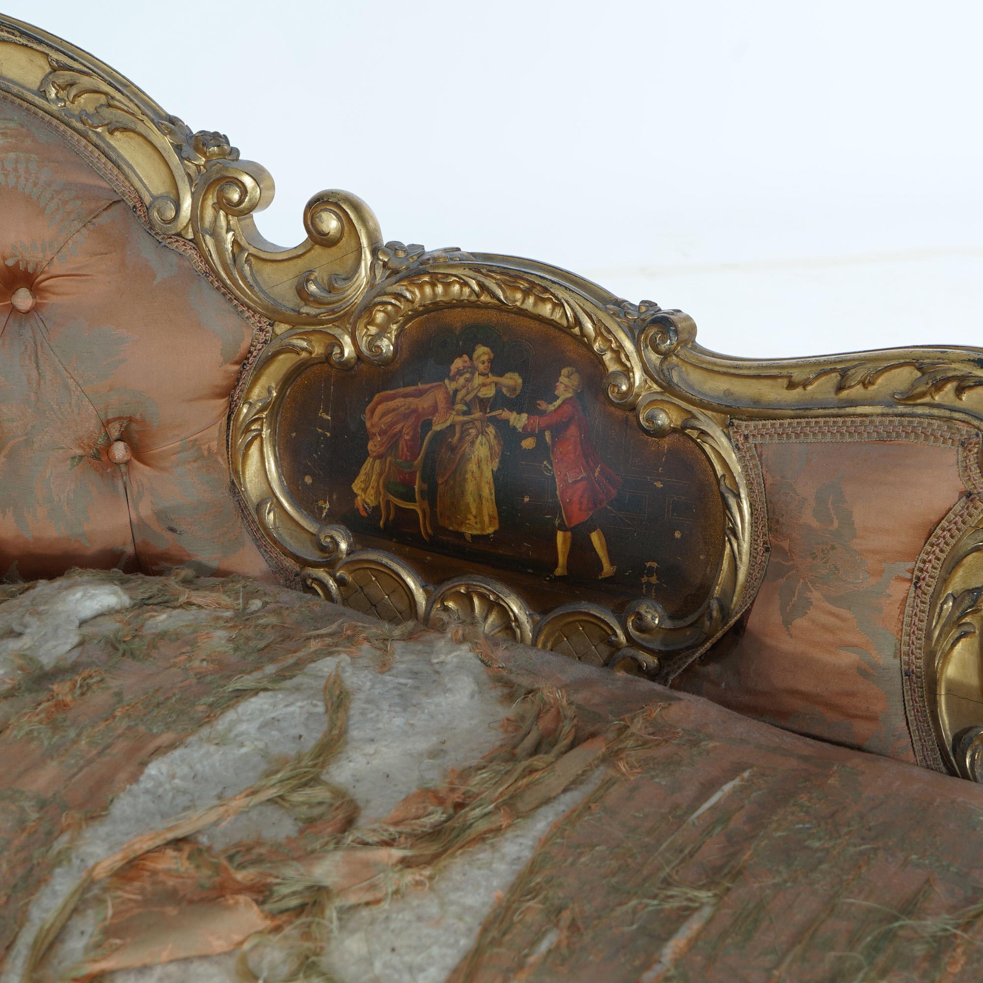 Hand-Painted Early Antique French Rococo Vernis Martin & Giltwood Half-Recamier Settee 19th C For Sale