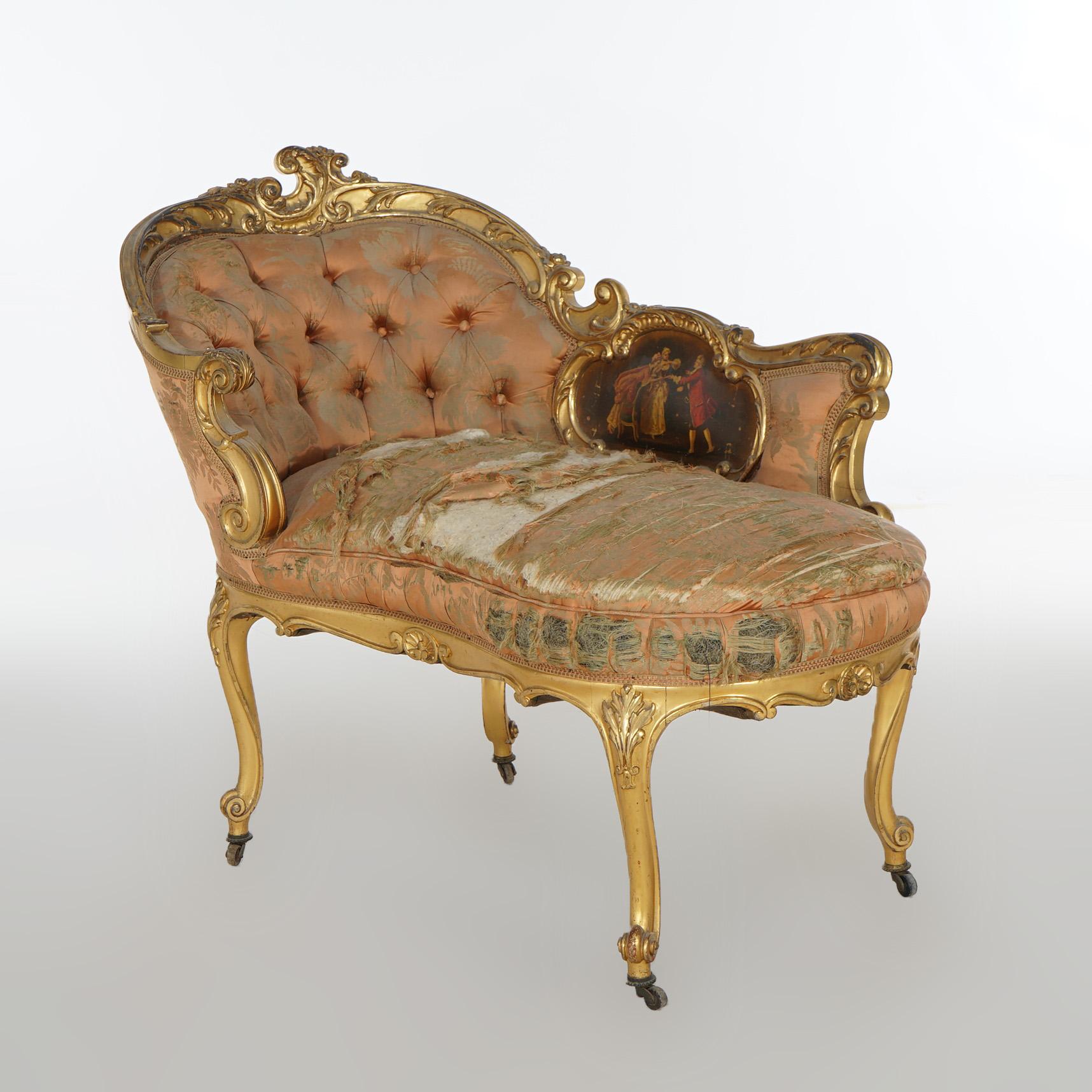 Early Antique French Rococo Vernis Martin & Giltwood Half-Recamier Settee 19th C In Good Condition For Sale In Big Flats, NY