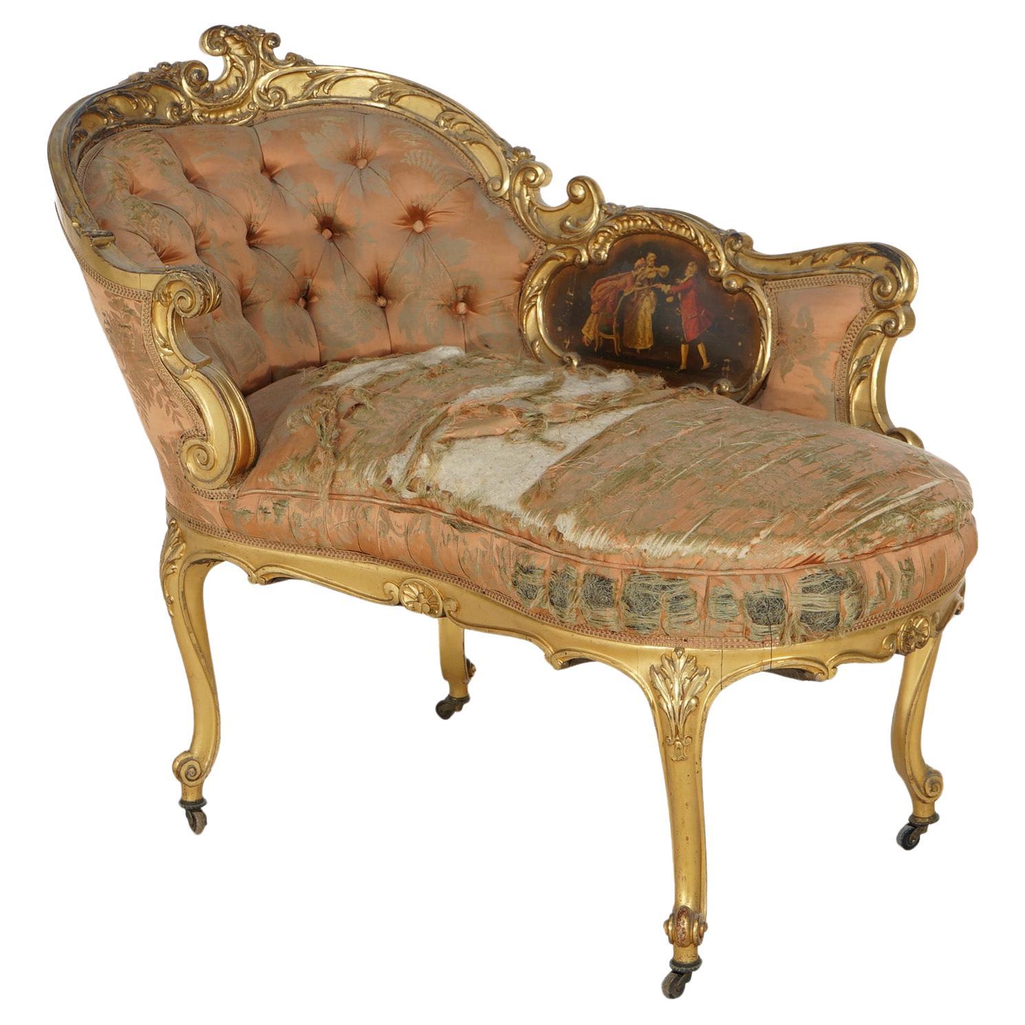 Early Antique French Rococo Vernis Martin & Giltwood Half-Recamier Settee 19th C For Sale