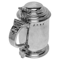 Early Antique George I Silver Lidded Tankard / Beer Mug London England 1726