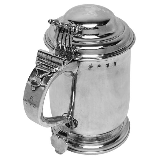 Early Antique George I Silver Lidded Tankard / Beer Mug London England 1726