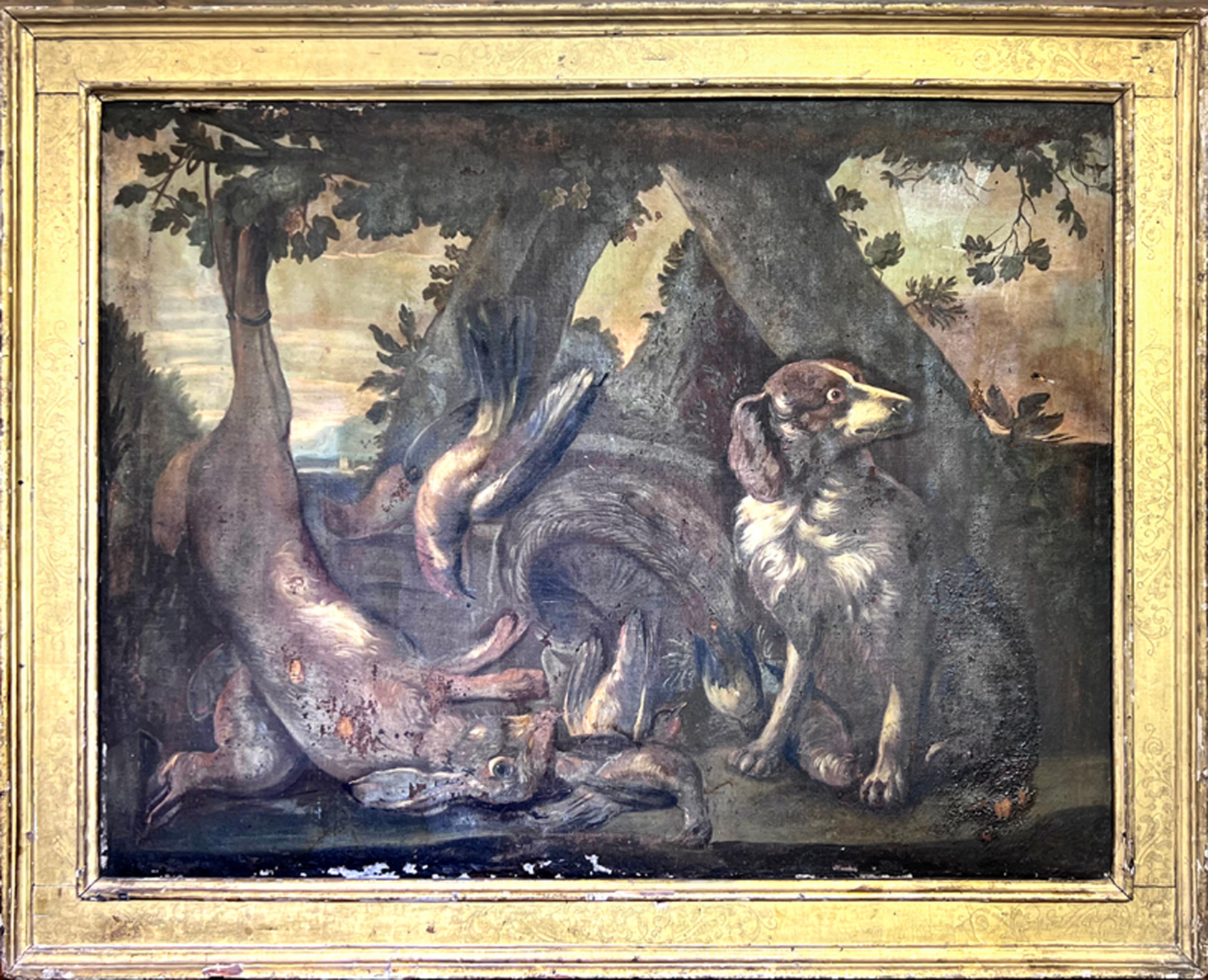 This is a rare opportunity to own an original example of early Hunt art. this oil painting depicts a hunting dog along side the days harvest, Rabbit and quail in a primitive classic style. This painting has an early gilded wood frame with delicate