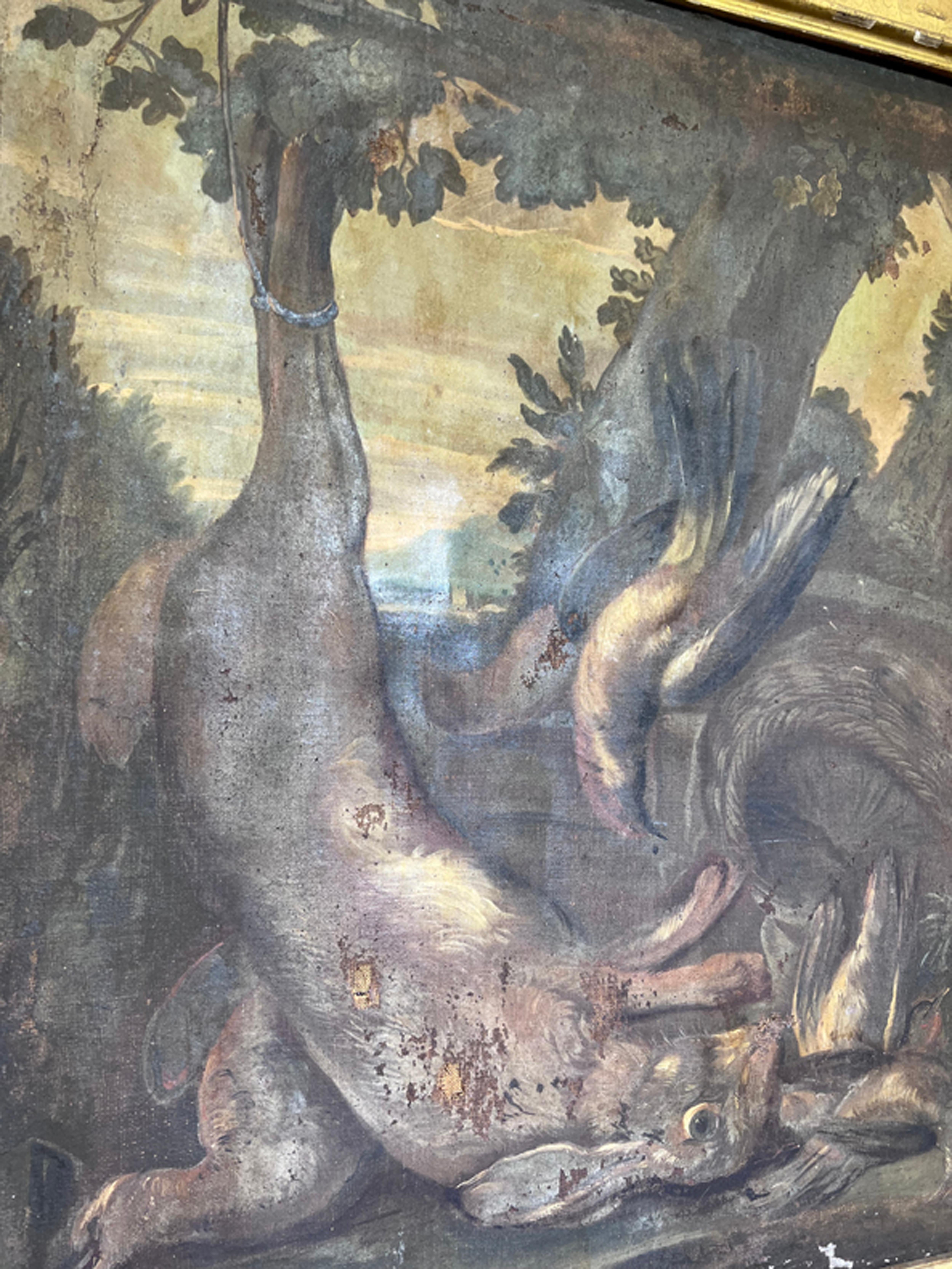 Early Antique Hunt Oil on Canvas Paining In Distressed Condition For Sale In Sag Harbor, NY