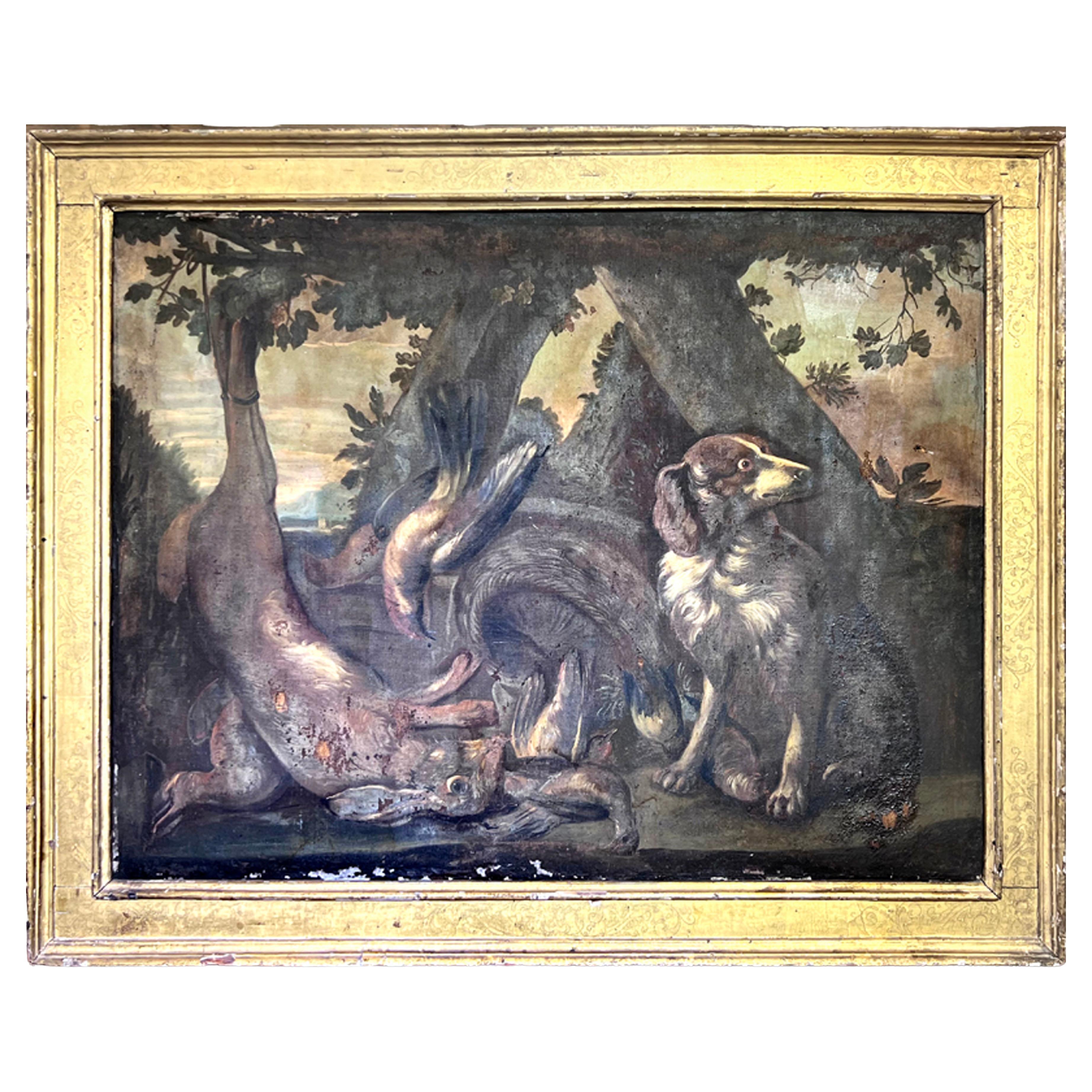 Early Antique Hunt Oil on Canvas Paining For Sale