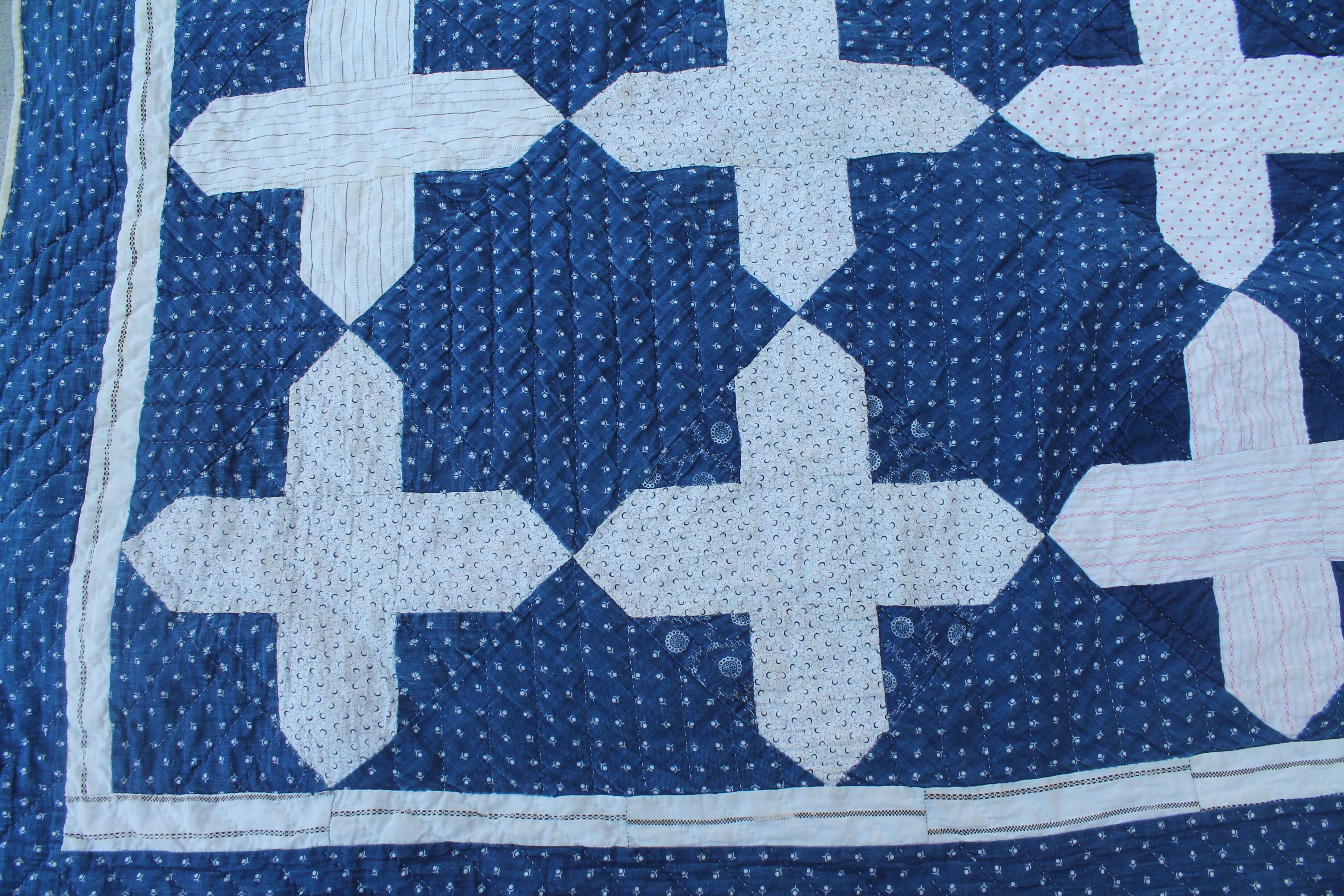 This fine early blue and white calico is super cool and in fine condition. The white fabric is early 19th century shirting and in pristine condition. These early quilts are very hard to find in pristine condition.