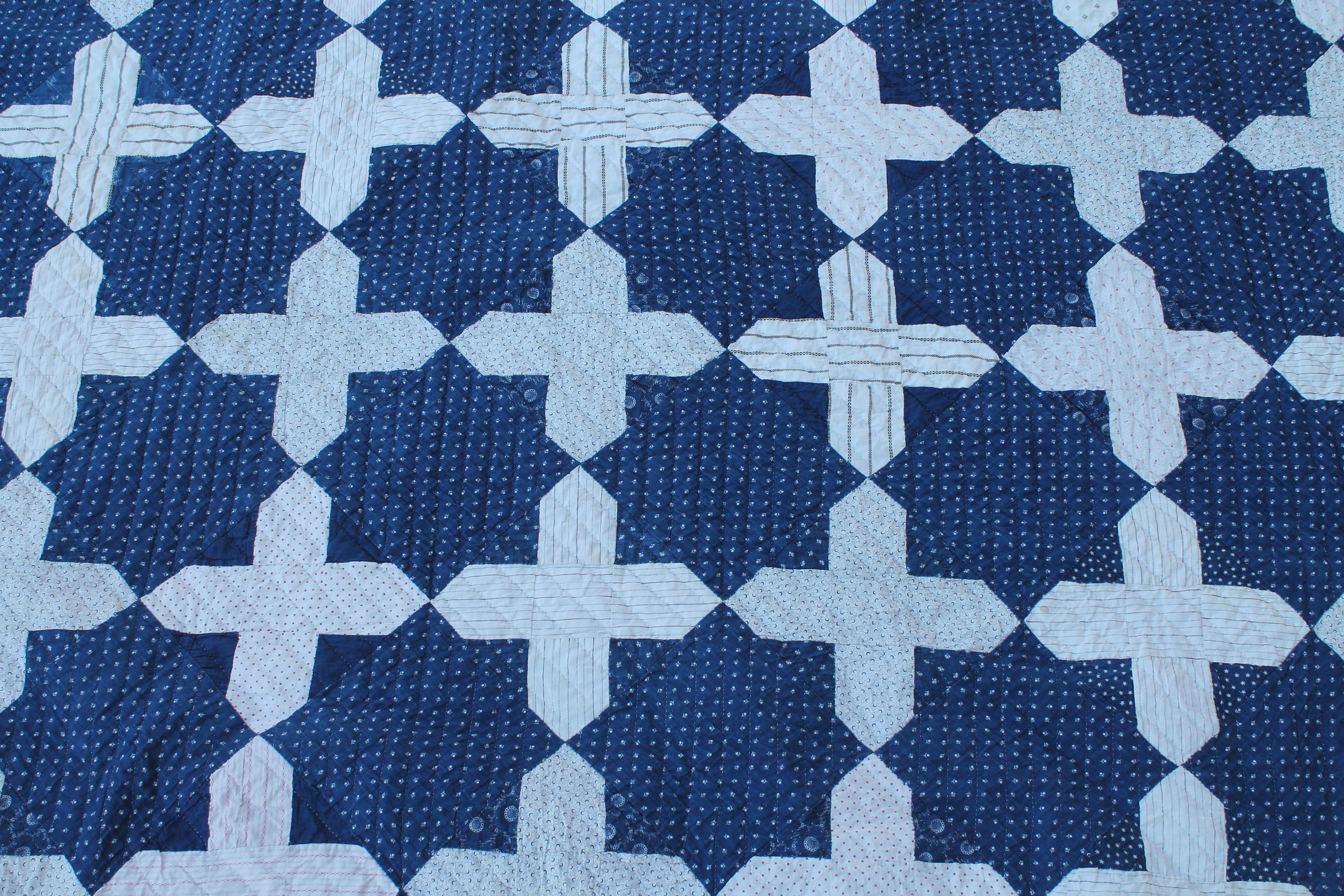 Adirondack Early Antique Quilt, 19th Century Blue and White Calico Quilt