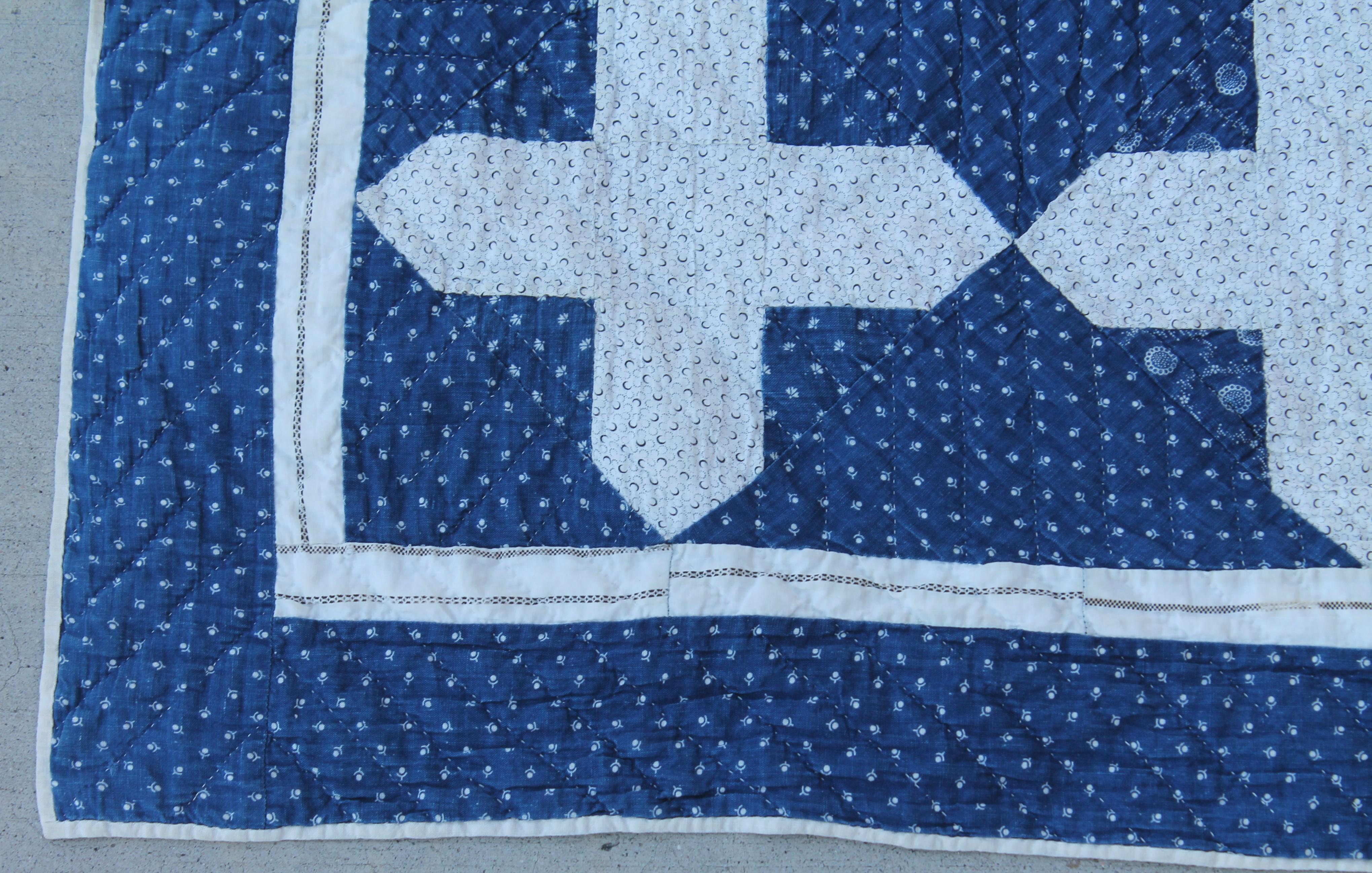 American Early Antique Quilt, 19th Century Blue and White Calico Quilt