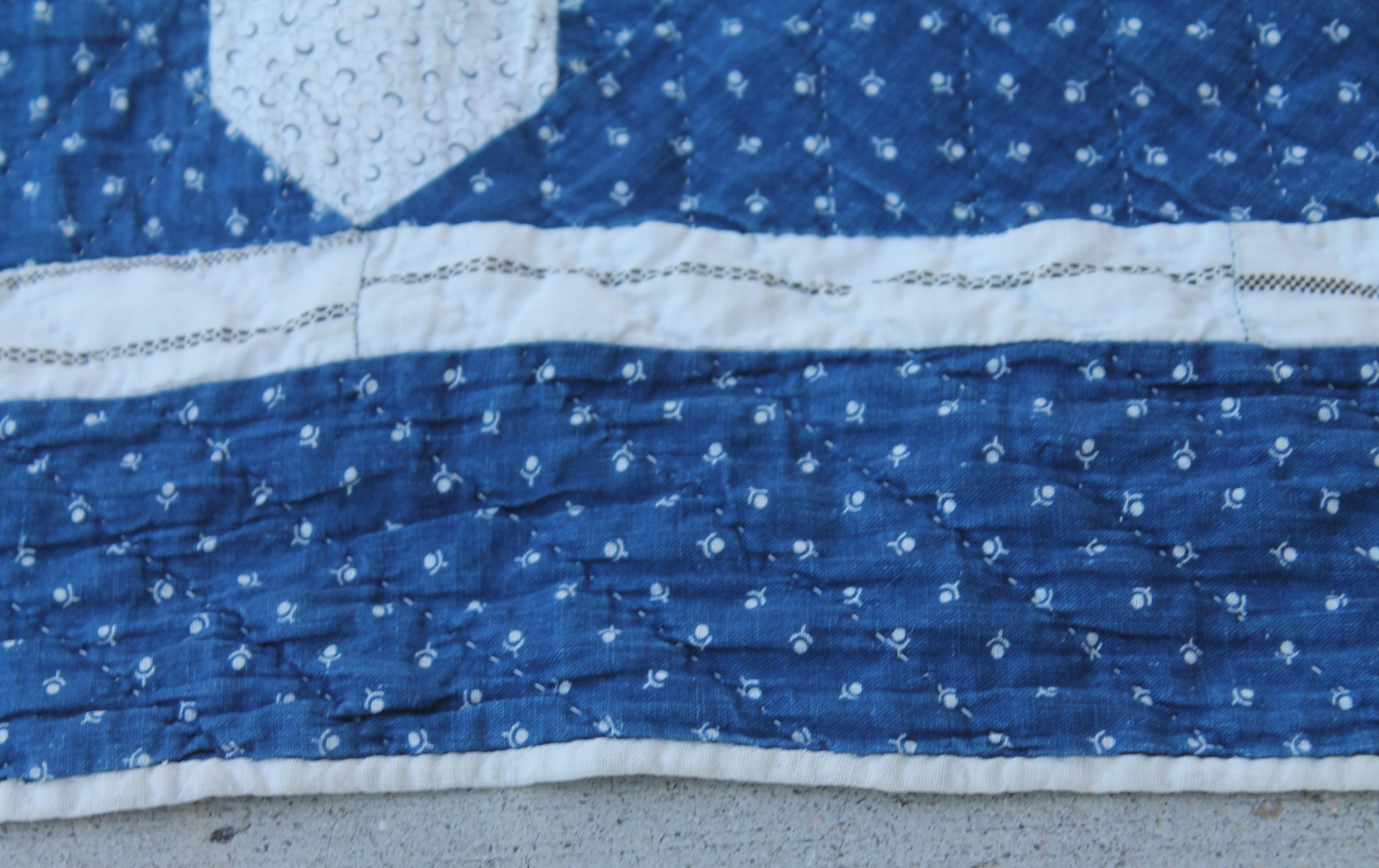 Hand-Crafted Early Antique Quilt, 19th Century Blue and White Calico Quilt