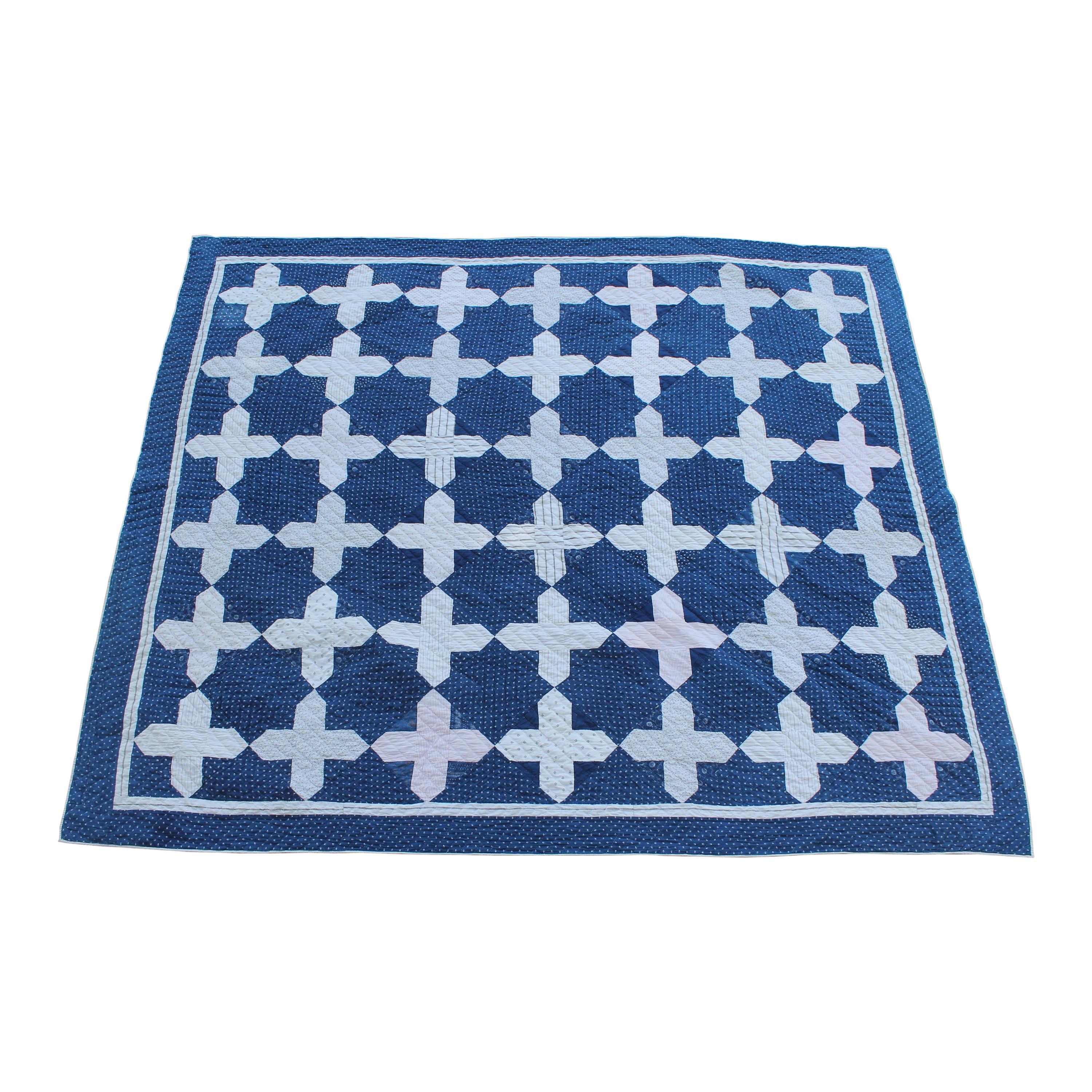 Early Antique Quilt, 19th Century Blue and White Calico Quilt