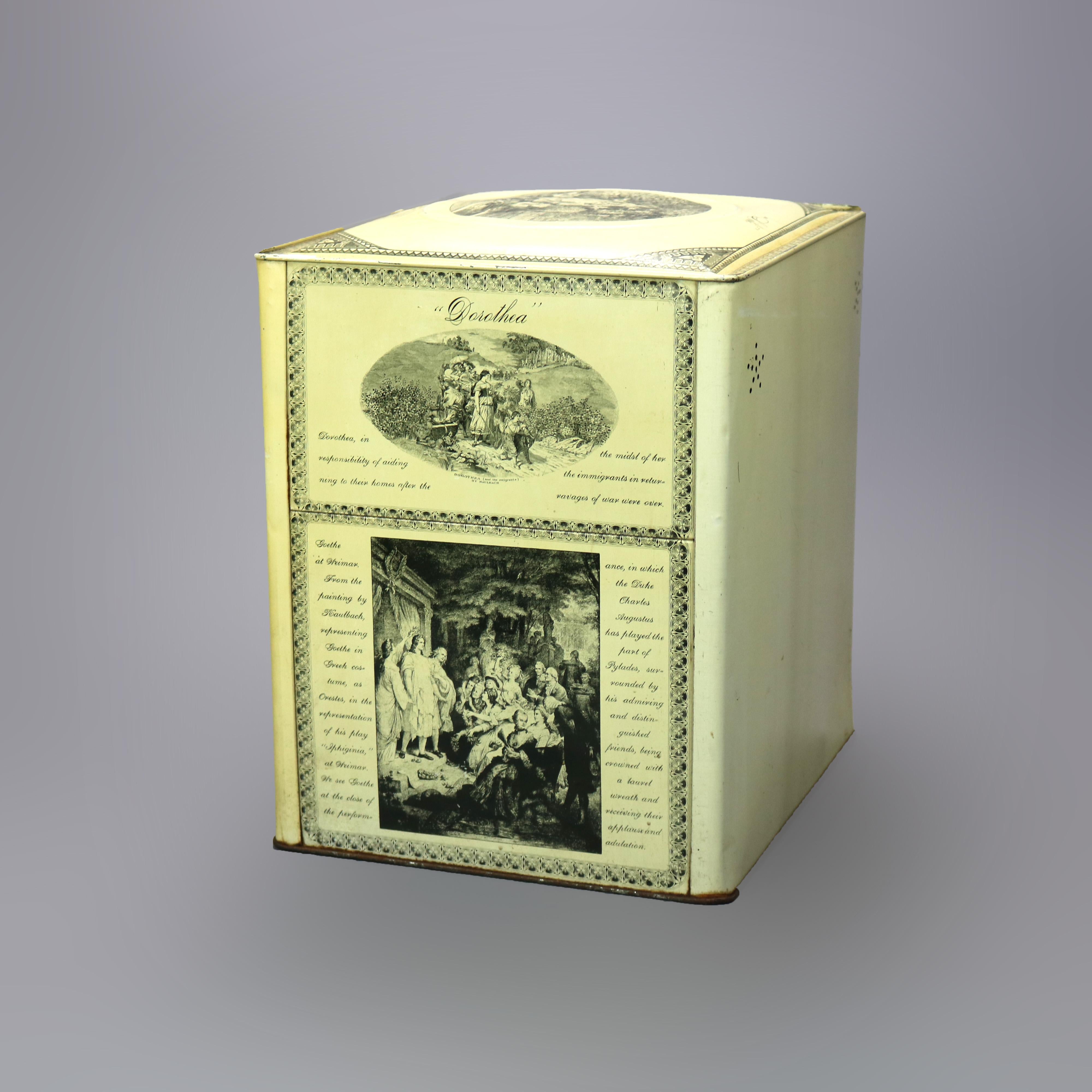 Early Antique Schepps Advertising Tin Cake Box with Genre Scenes, Circa 1910 In Good Condition In Big Flats, NY