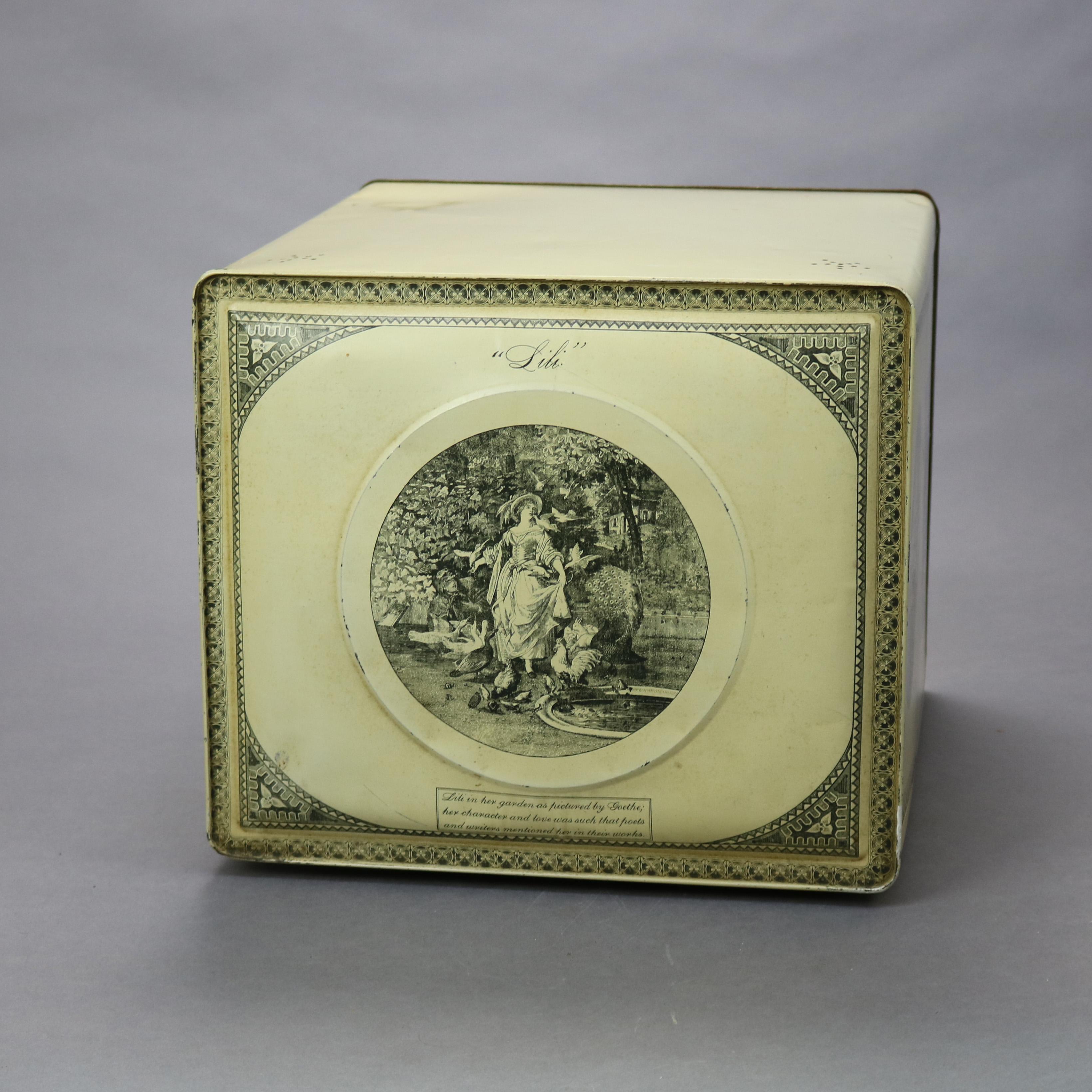 20th Century Early Antique Schepps Advertising Tin Cake Box with Genre Scenes, Circa 1910