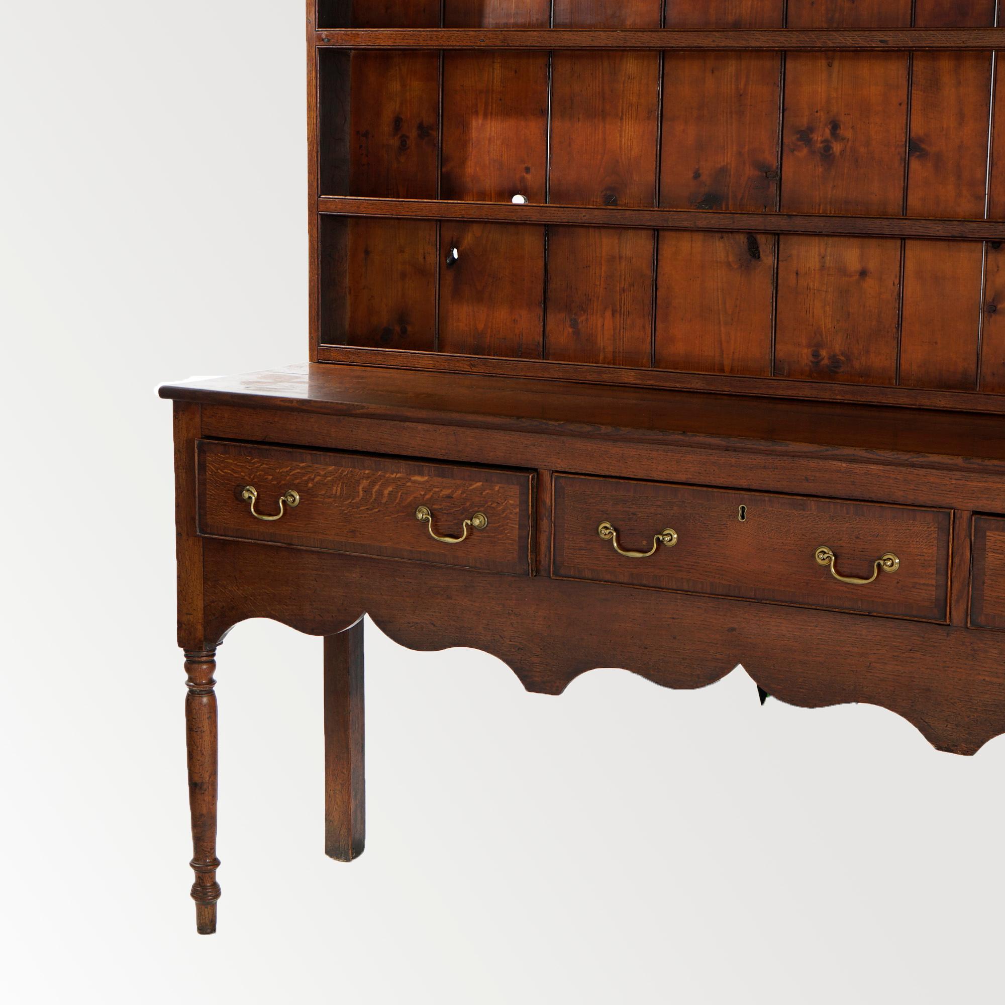 Early Antique Welsh Oak & Mahogany Stepback Pewter Cupboard, 18th C 1
