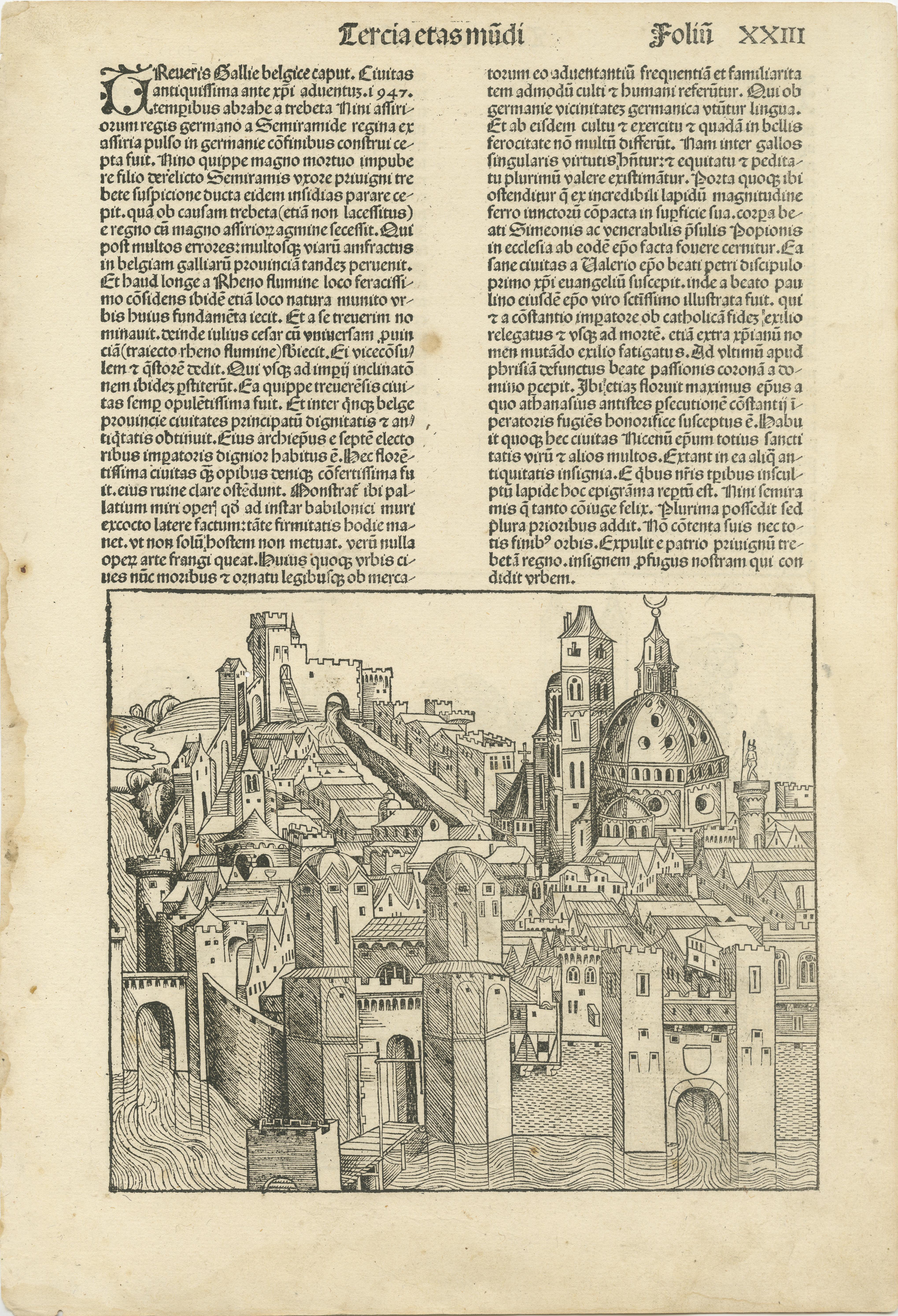 Very early woodcut of Damascus and Trier. An individual page of the 'Nuremberg Chronicle'. This work by Schedel (1440-1514) is an illustrated world history which is based on the Bible, which follows the story of human history related in the Bible