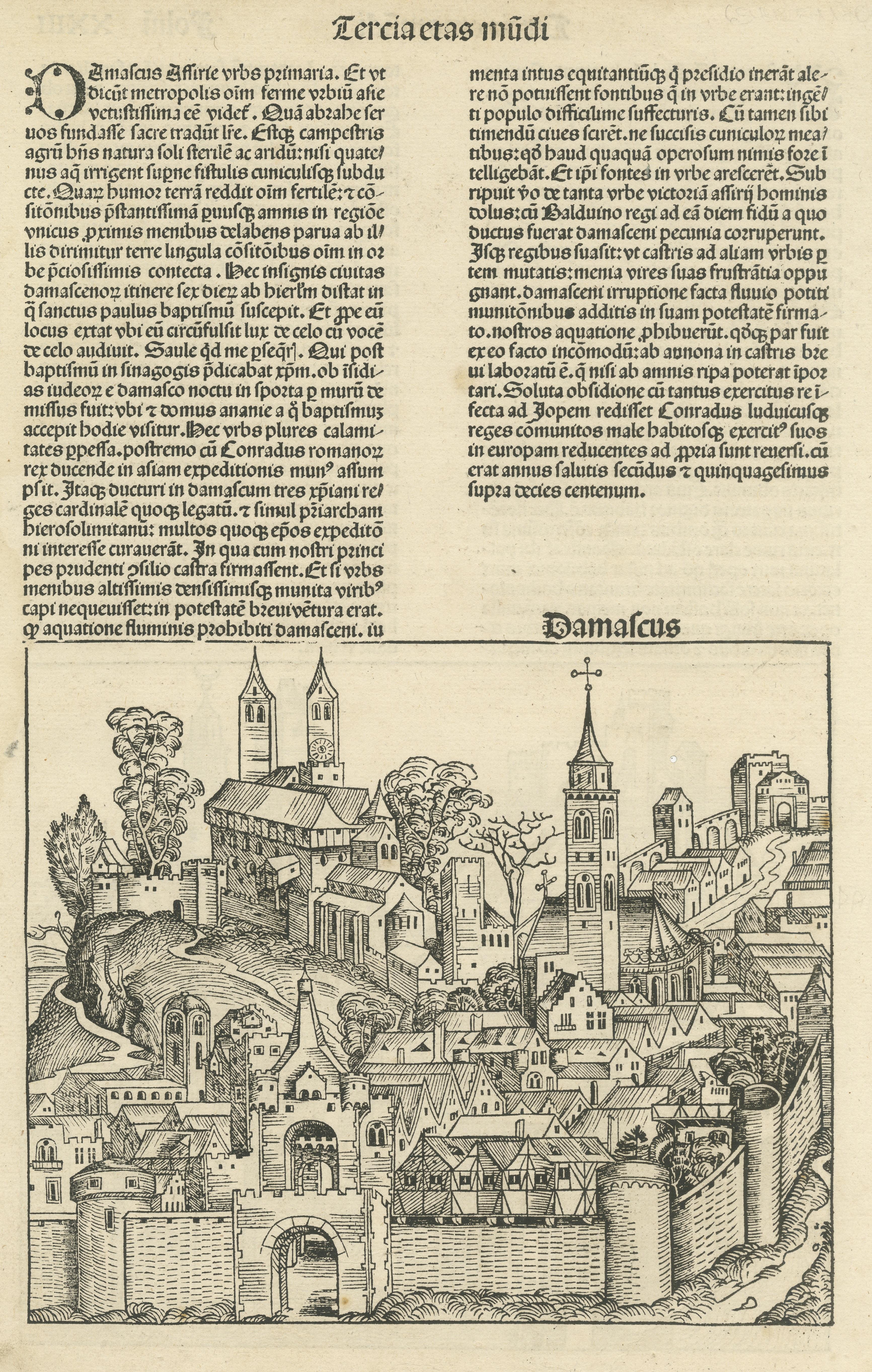 Papier Gravure sur bois ancienne de Damascus et de Trier en vente