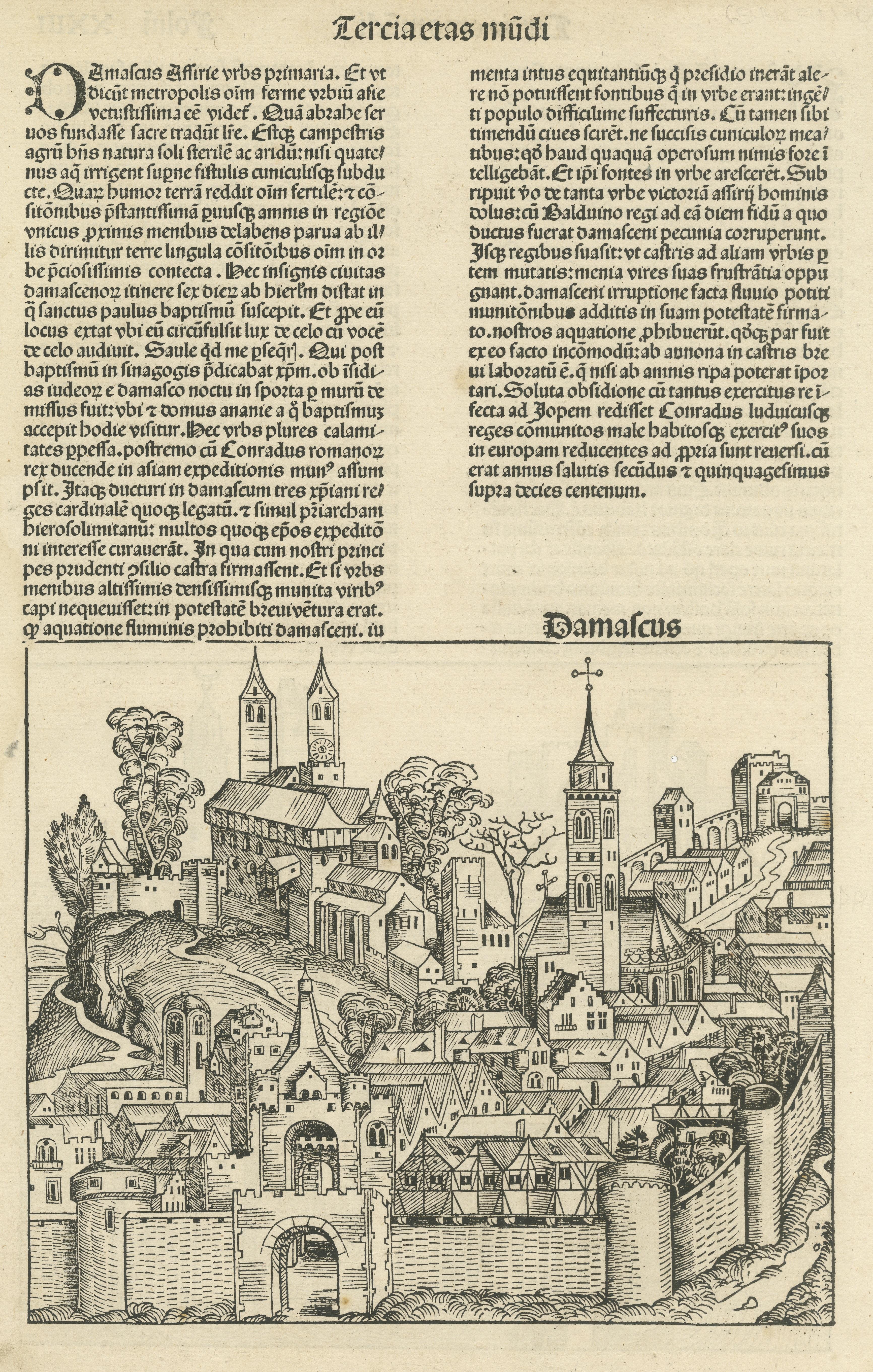 Paper Early Antique Woodcut of Damascus and Trier