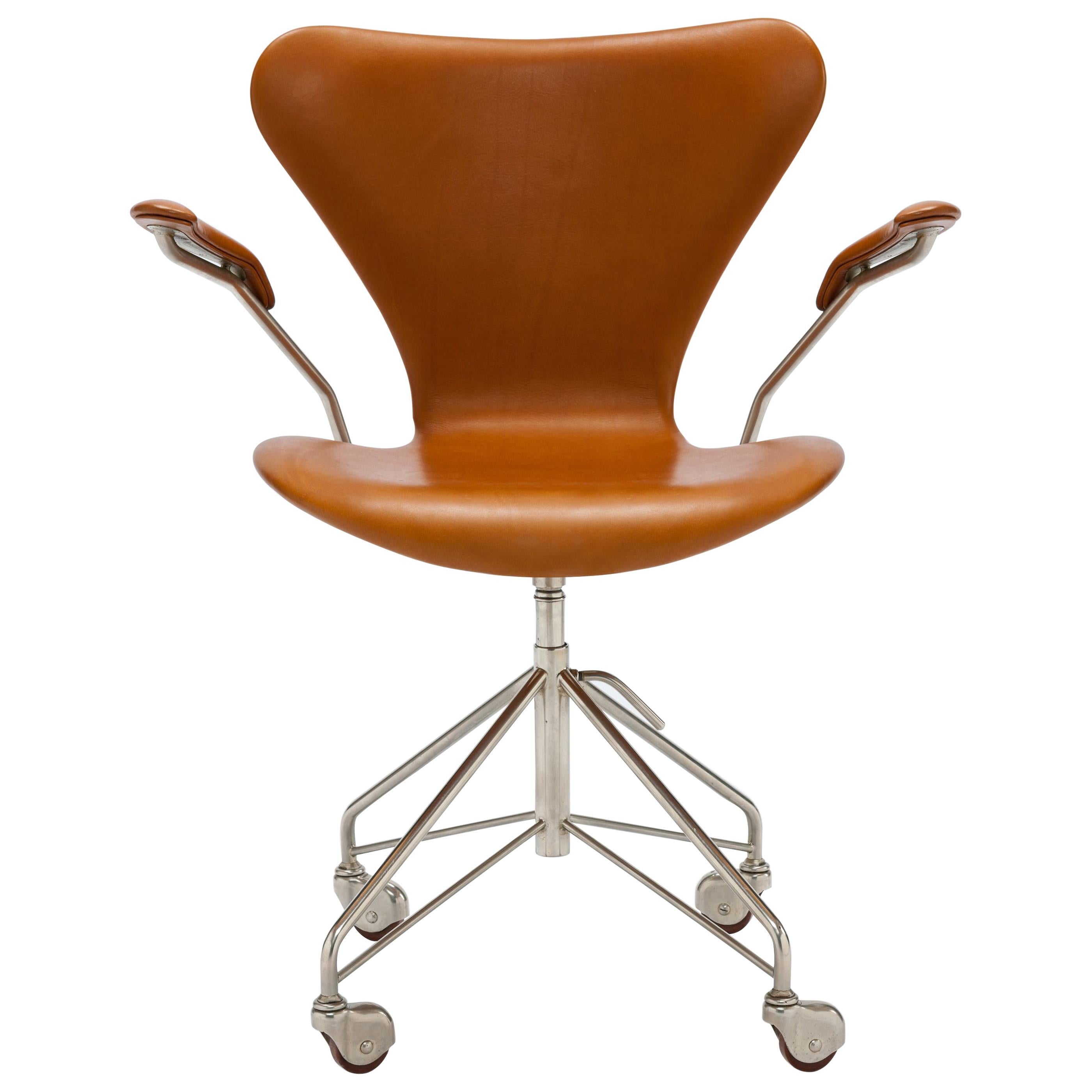 Early Arne Jacobsen Cognac Leather 3217 Swivel Desk Chair with Arms