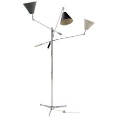 Early Arredoluce Three-Arm Triennale Floor Lamp, White, Gray, Black, Chrome