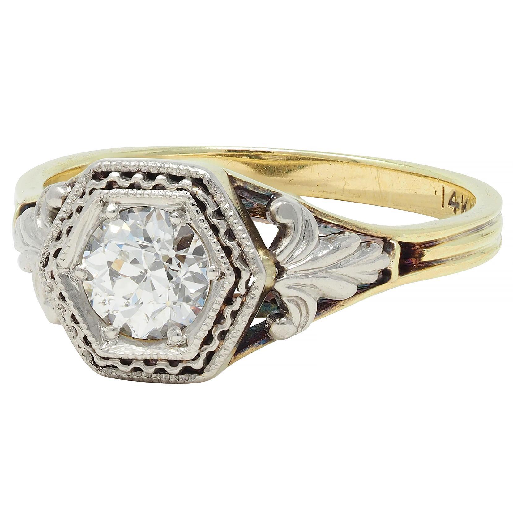 Early Art Deco 0.51 CTW Old European Diamond Platinum 14 Karat Engagement Ring For Sale 1