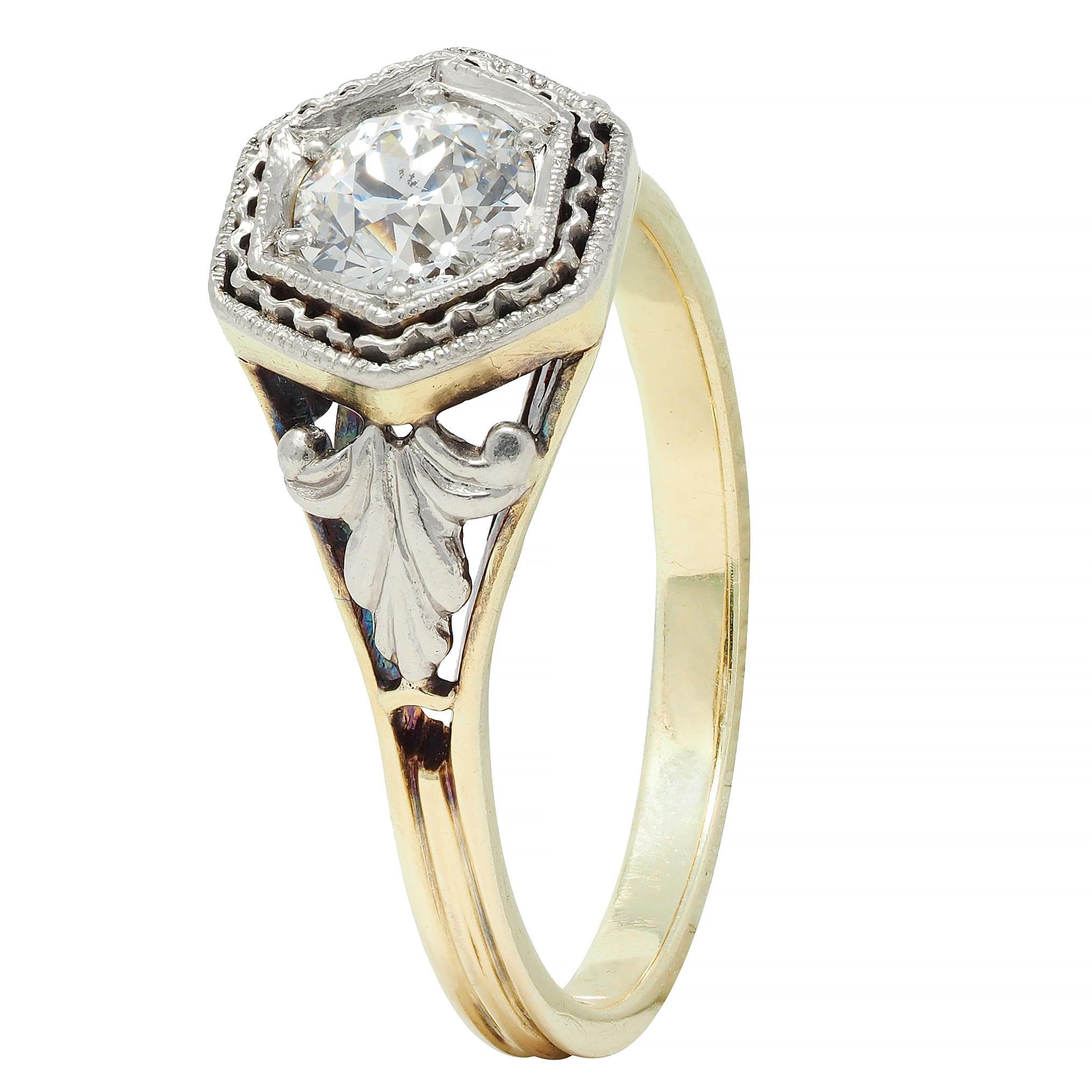Early Art Deco 0.51 CTW Old European Diamond Platinum 14 Karat Engagement Ring For Sale 3