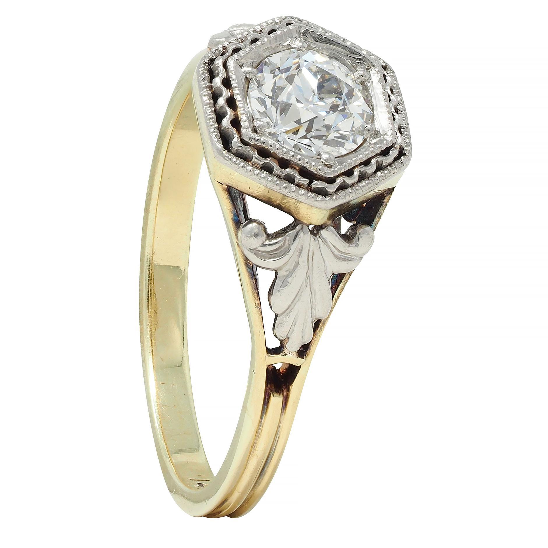 Early Art Deco 0.51 CTW Old European Diamond Platinum 14 Karat Engagement Ring For Sale 4