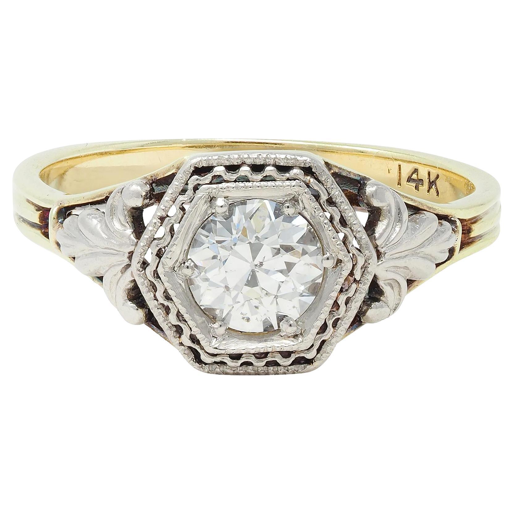 Early Art Deco 0.51 CTW Old European Diamond Platinum 14 Karat Engagement Ring For Sale