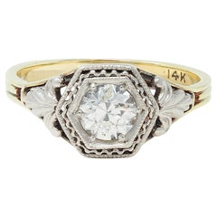 Antique Early Art Deco 0.51 CTW Old European Diamond Platinum 14 Karat Engagement Ring
