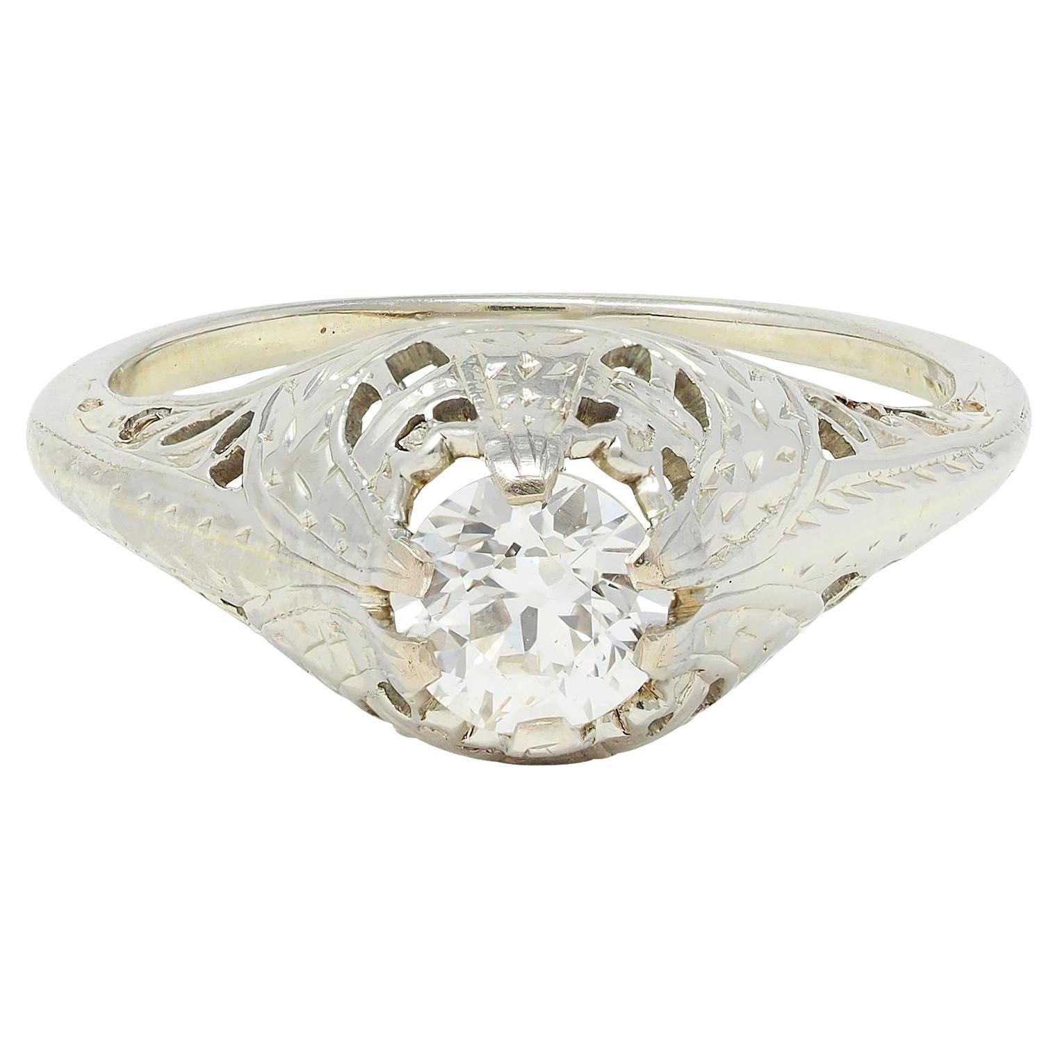 Early Art Deco 0.52 CTW Diamond 18K White Gold Antique Foliate Engagement Ring