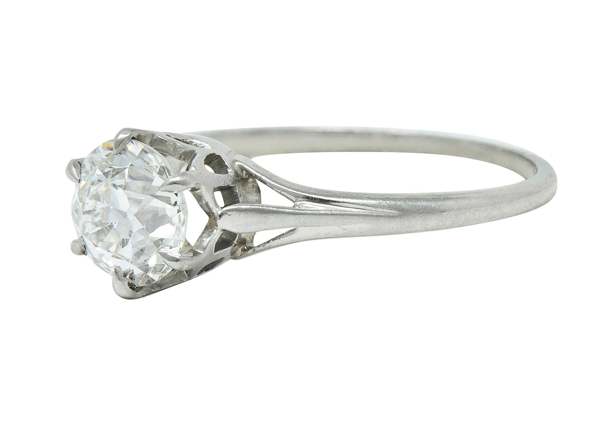 Women's or Men's Early Art Deco 0.73 CTW Old European Cut Diamond Platinum Engagement Ring For Sale
