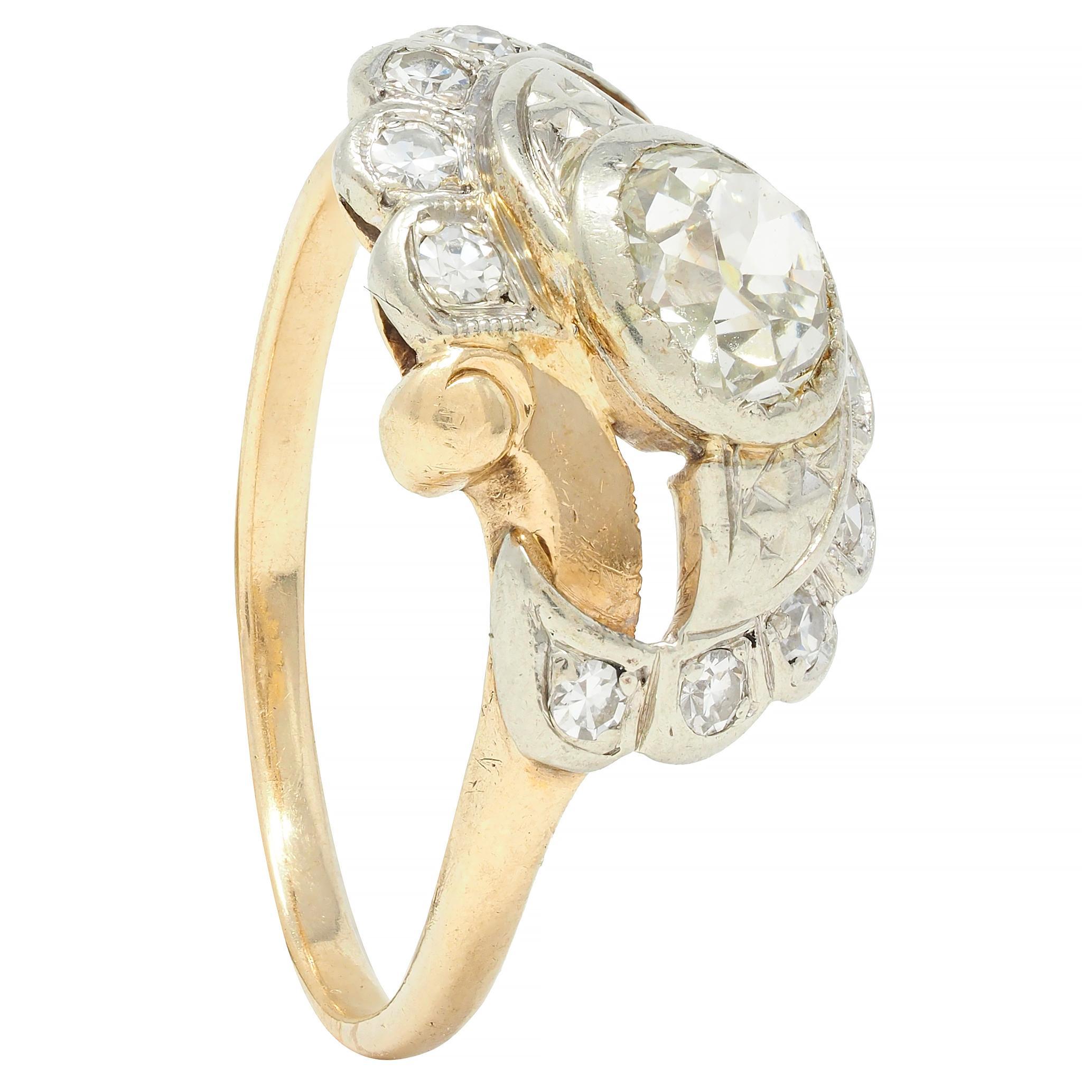 Early Art Deco 0.75 CTW Old Mine Cut Diamond 14 Karat Two-Tone Gold Bypass Ring For Sale 6