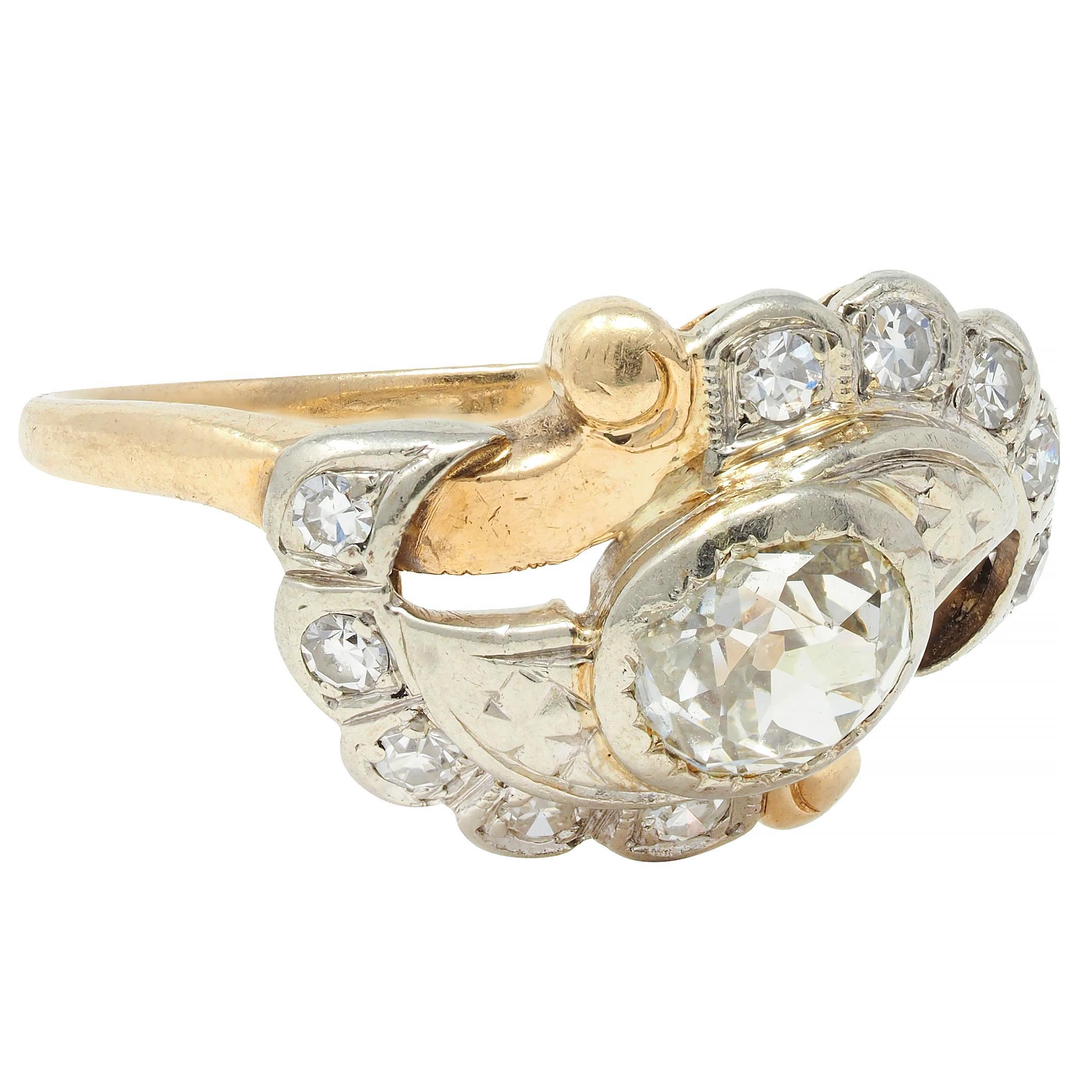 Früher Art Deco 0,75 Karat Old Mine Cut Diamant 14 Karat zweifarbiger Gold Bypass-Ring im Zustand „Hervorragend“ im Angebot in Philadelphia, PA