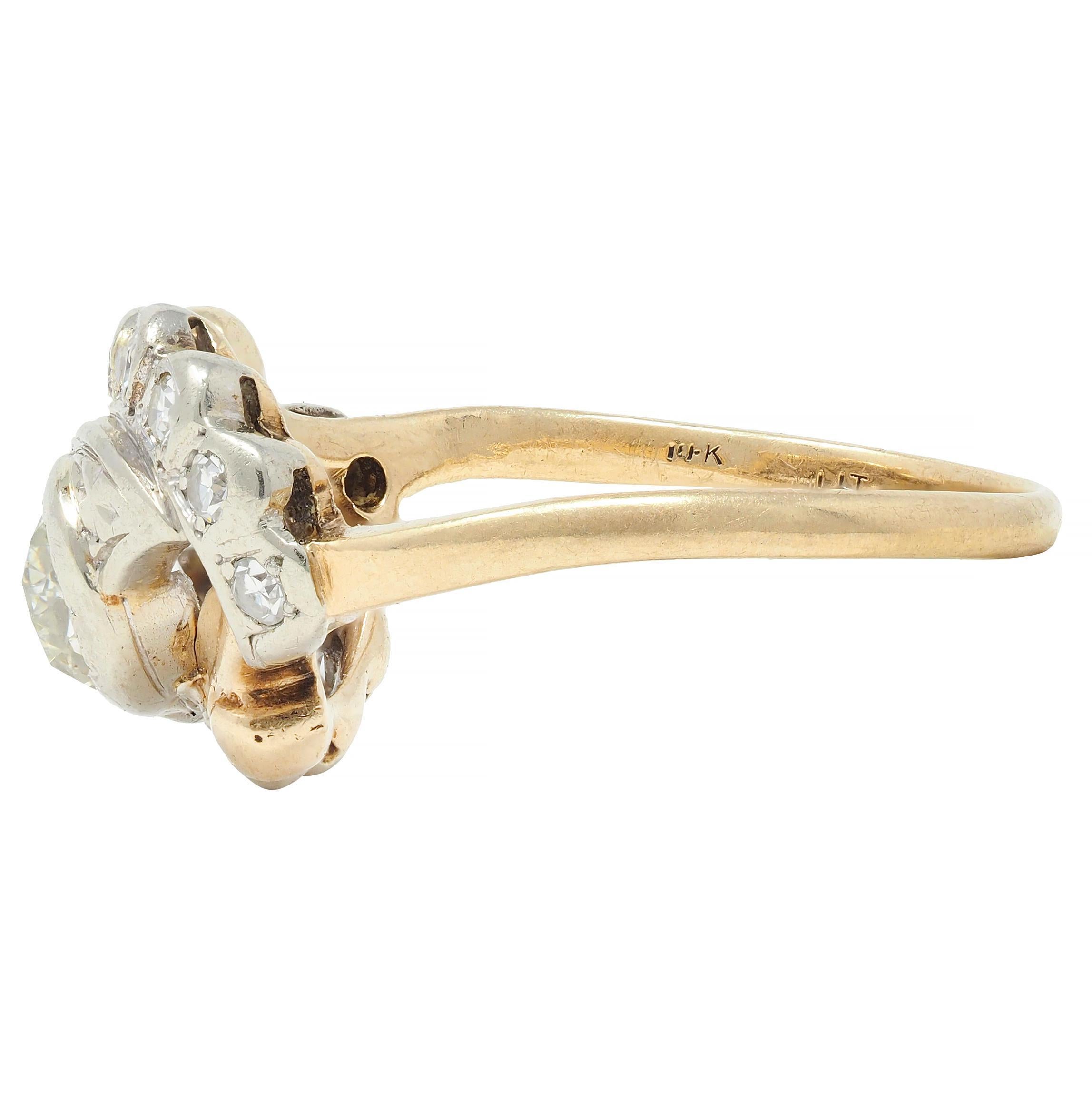 Early Art Deco 0.75 CTW Old Mine Cut Diamond 14 Karat Two-Tone Gold Bypass Ring For Sale 1