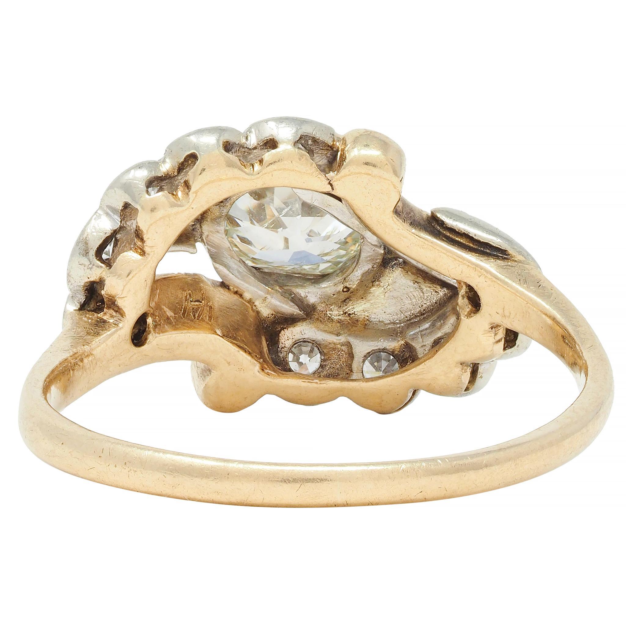 Early Art Deco 0.75 CTW Old Mine Cut Diamond 14 Karat Two-Tone Gold Bypass Ring For Sale 2