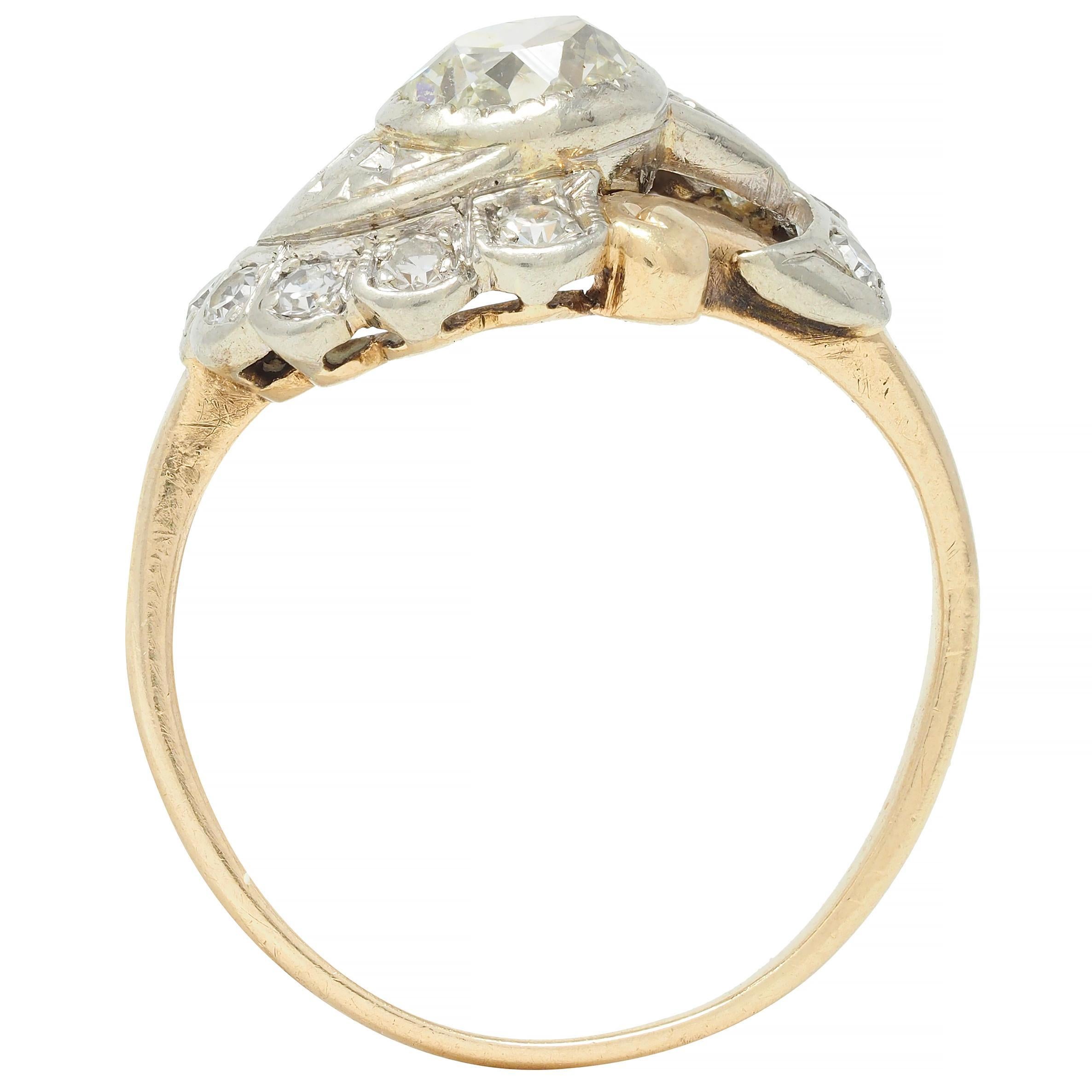 Early Art Deco 0.75 CTW Old Mine Cut Diamond 14 Karat Two-Tone Gold Bypass Ring For Sale 3