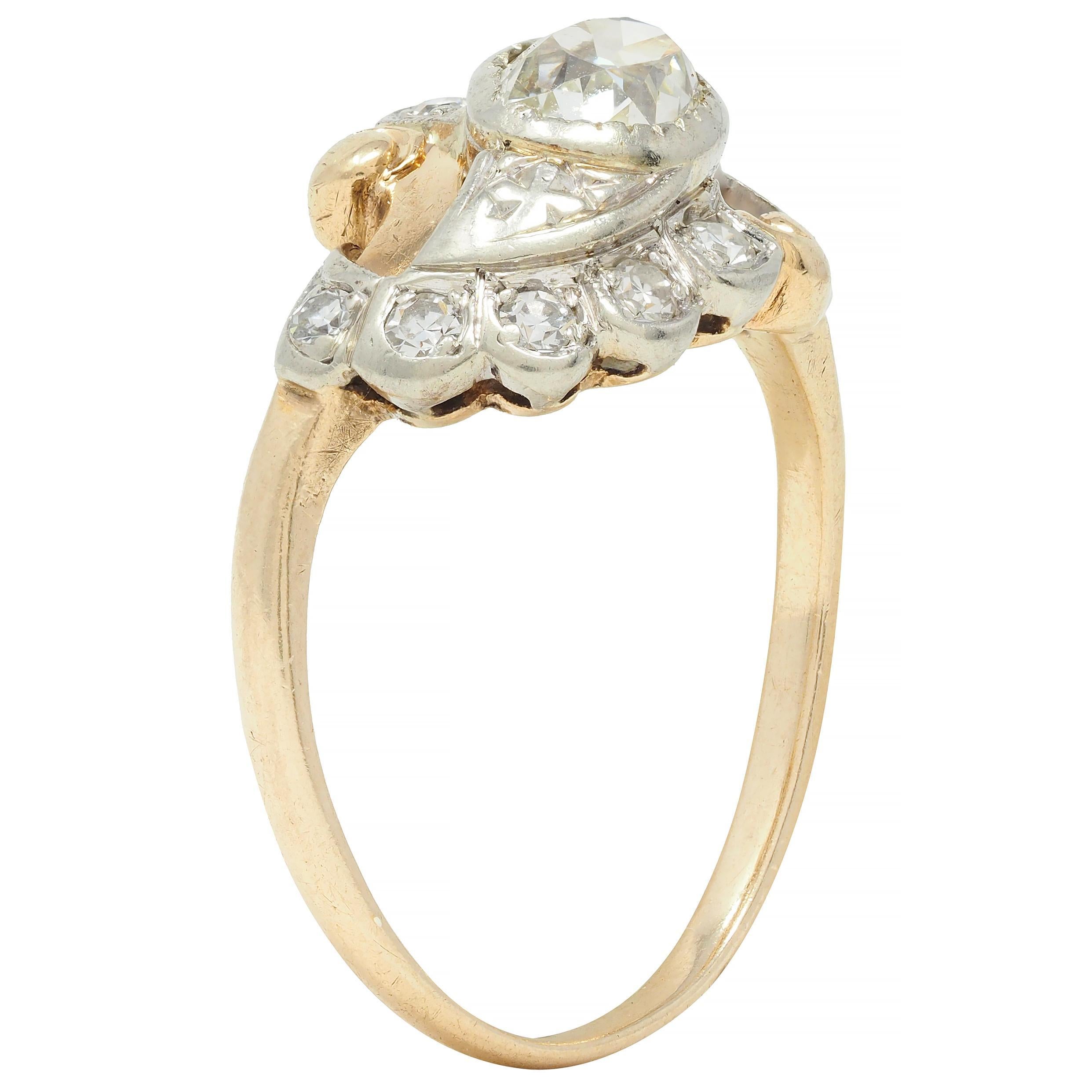 Early Art Deco 0.75 CTW Old Mine Cut Diamond 14 Karat Two-Tone Gold Bypass Ring For Sale 4