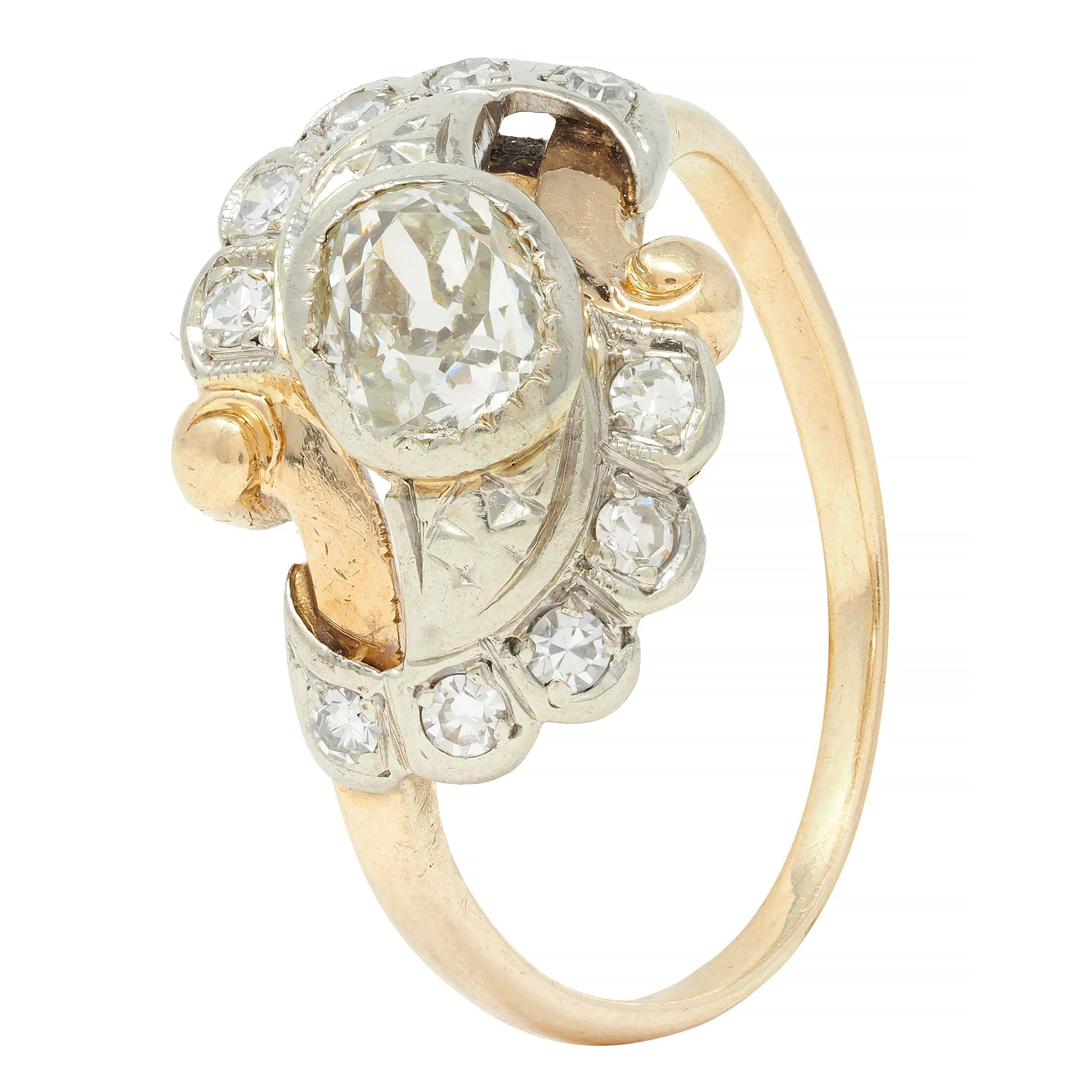 Early Art Deco 0.75 CTW Old Mine Cut Diamond 14 Karat Two-Tone Gold Bypass Ring For Sale 5