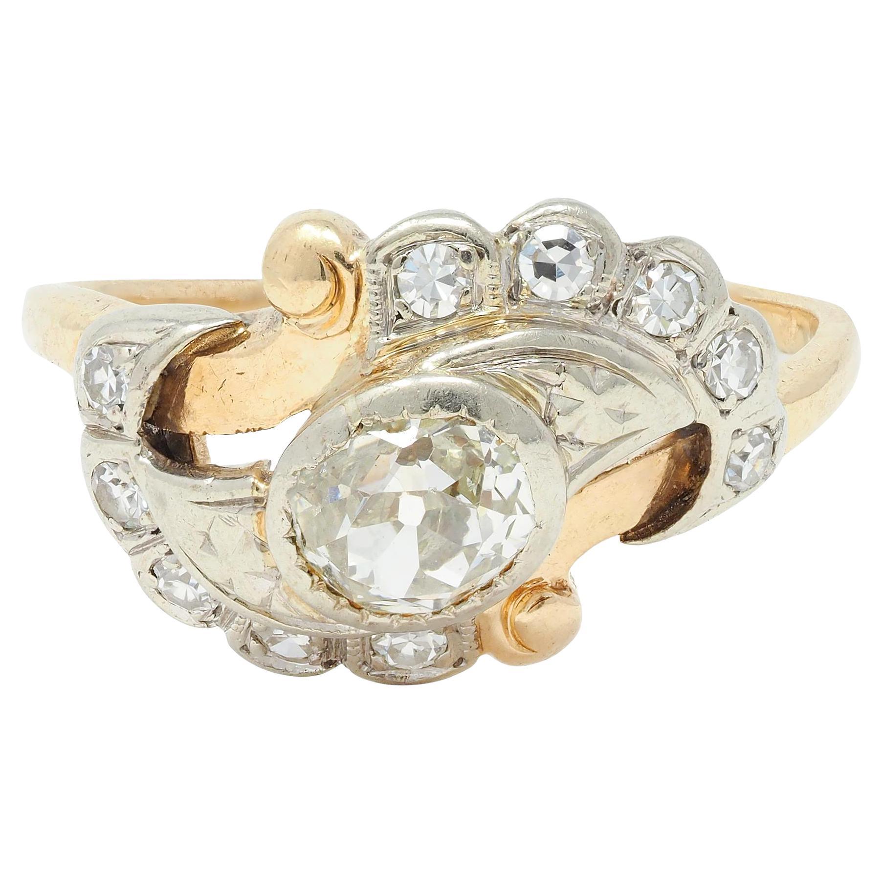 Early Art Deco 0.75 CTW Old Mine Cut Diamond 14 Karat Two-Tone Gold Bypass Ring For Sale