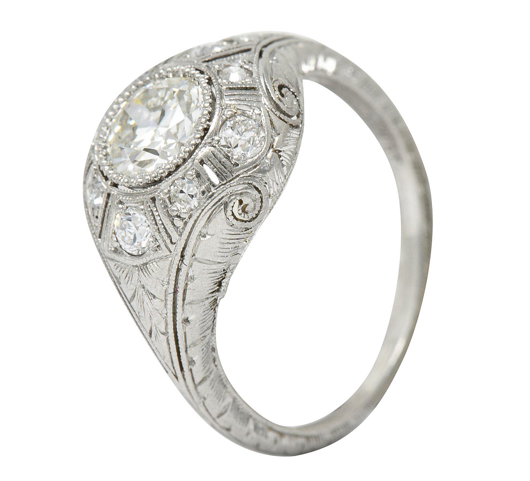 Early Art Deco 1.07 Carat Diamond Platinum Bombe Foliate Engagement Ring C. 1920 4