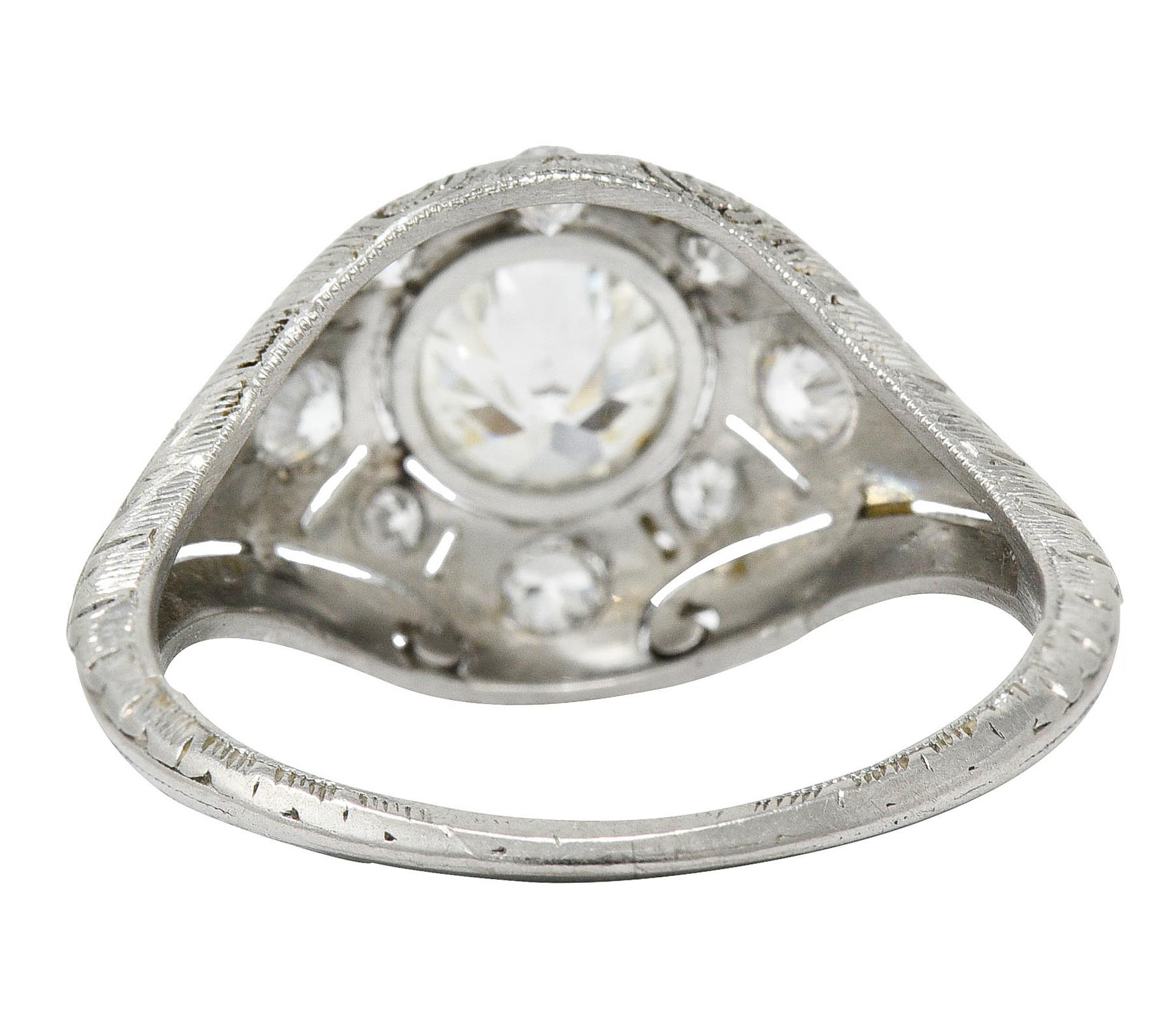 Old European Cut Early Art Deco 1.07 Carat Diamond Platinum Bombe Foliate Engagement Ring C. 1920